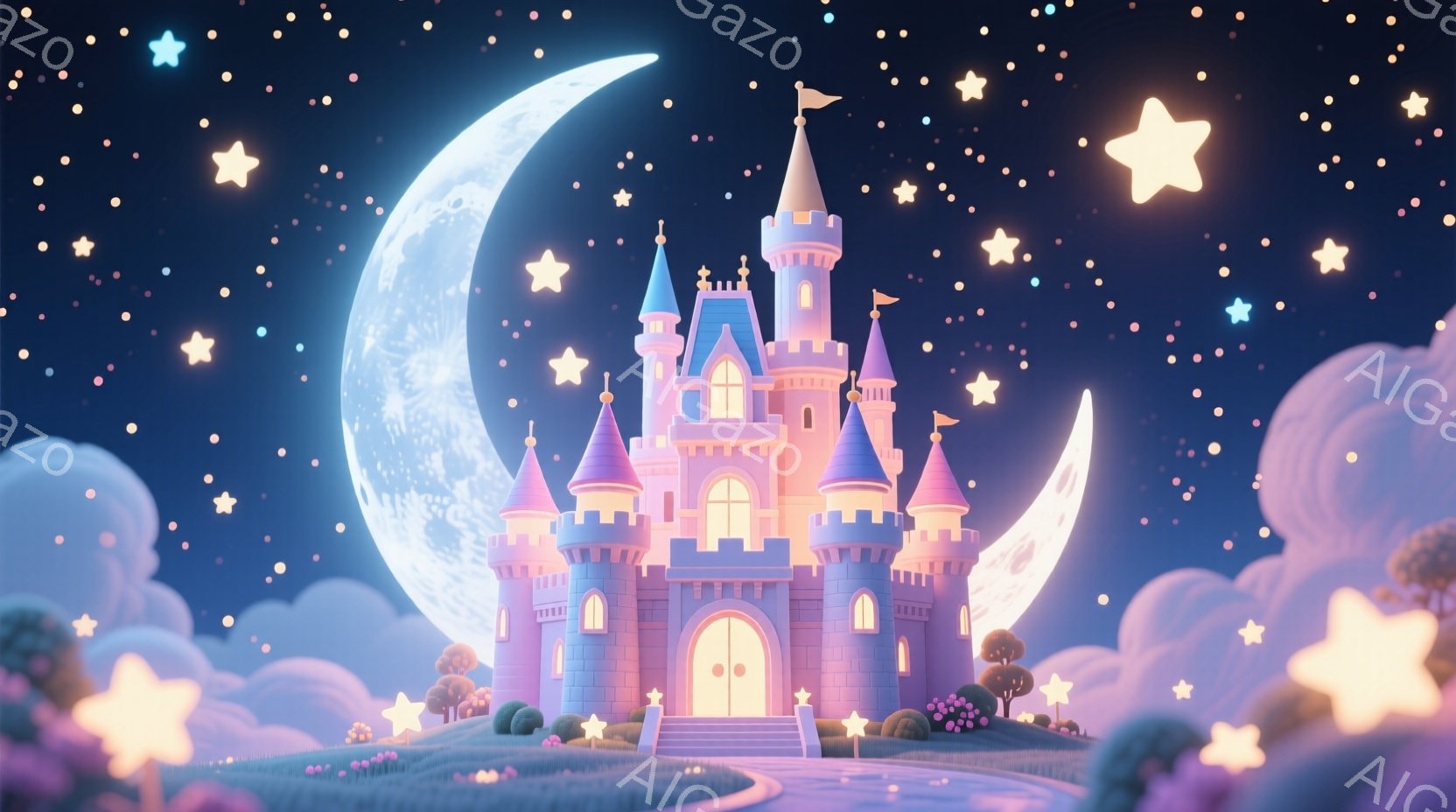 幻想的な城が、月明かりの下に浮かぶ姿が描かれています。ピンクと紫色の城は可愛らしく、周囲にはふわふわとした雲と星が散りばめられ、夢のような雰囲気を醸し出しています。緑の丘には小さな木々や星型の光が点在 - AI生成フリー素材