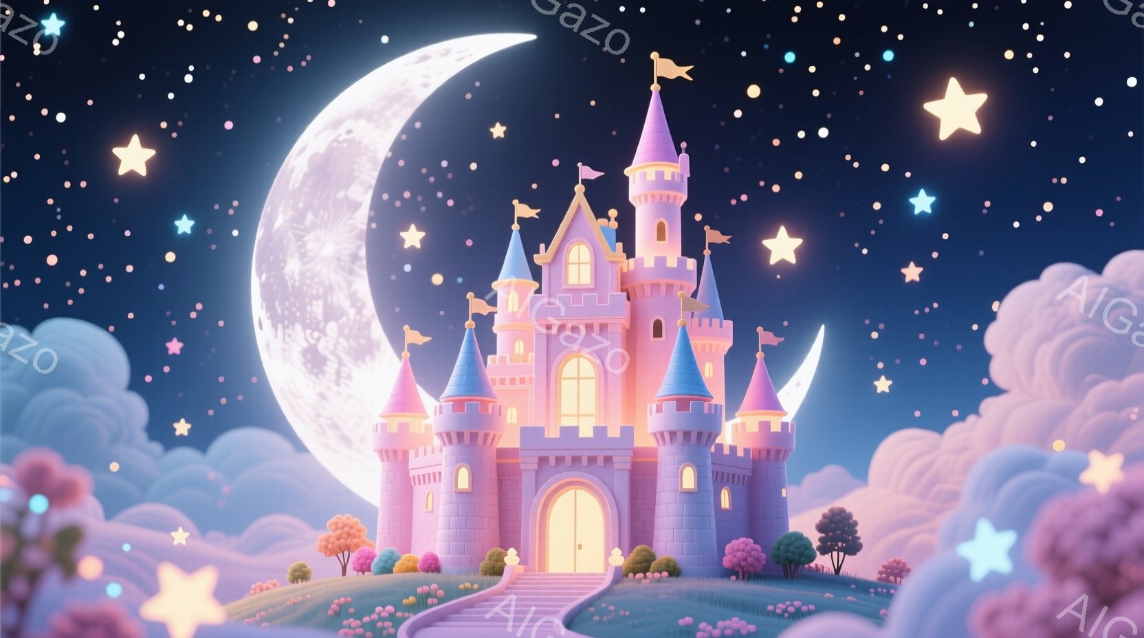 ファンタジーのキャッスルが夜空の星と月が光り輝く場景で描かれています。表率的な人物はありませんが、端に見える建物や小さな樹木があり、それらは夜の景色と一体化した雰囲気を演出しています。キャッスルは大きく、古風であり、星と月の光が照らすように鮮やかな外観を持っています。