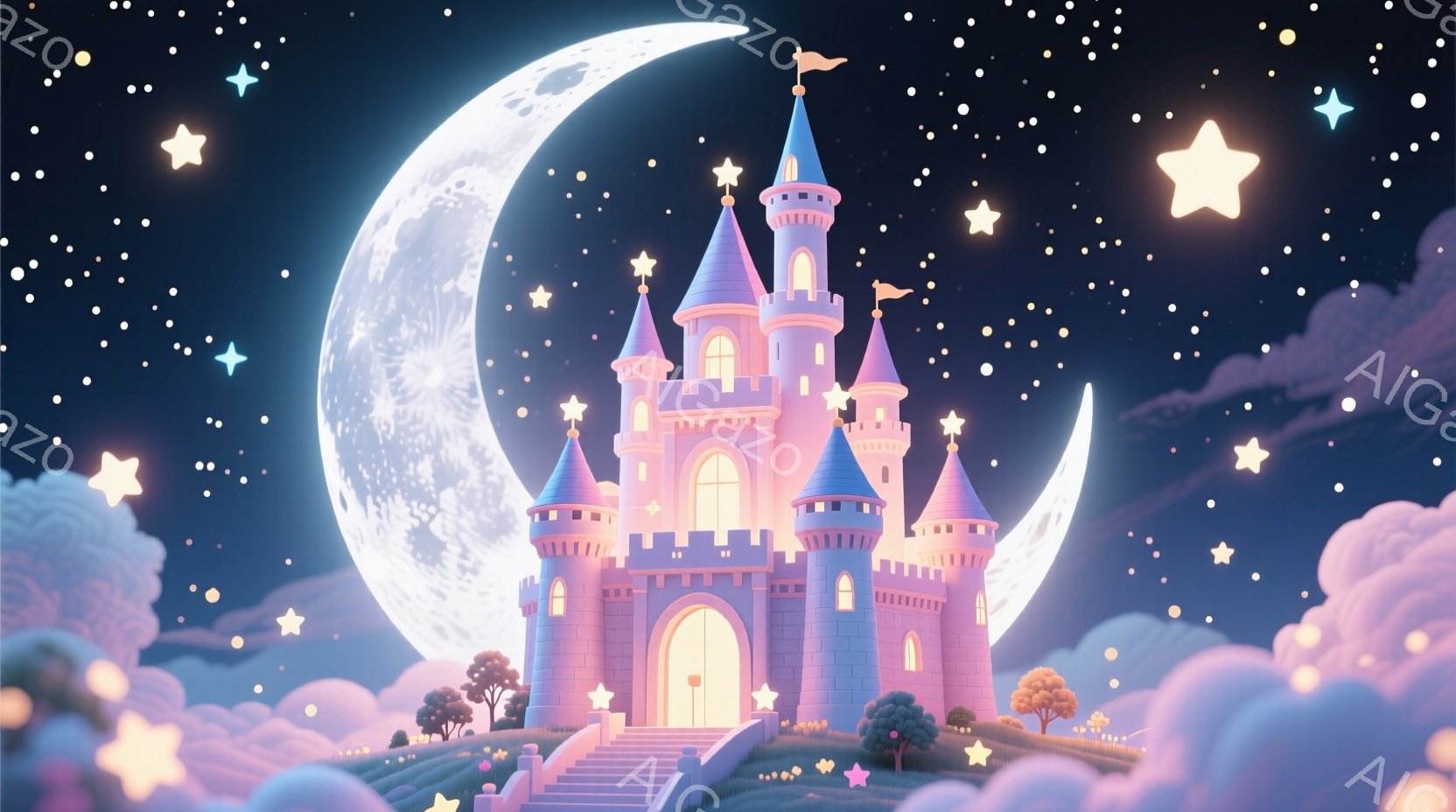 幻想的な城が、満月と星空を背景に浮かび上がっています。ピンクと白を基調とした城は、可愛らしいデザインで、まるで絵本から飛び出してきたようです。ふもとに広がる緑の丘と、雲のようなピンク色の雲が、夢のよう - AI生成フリー素材