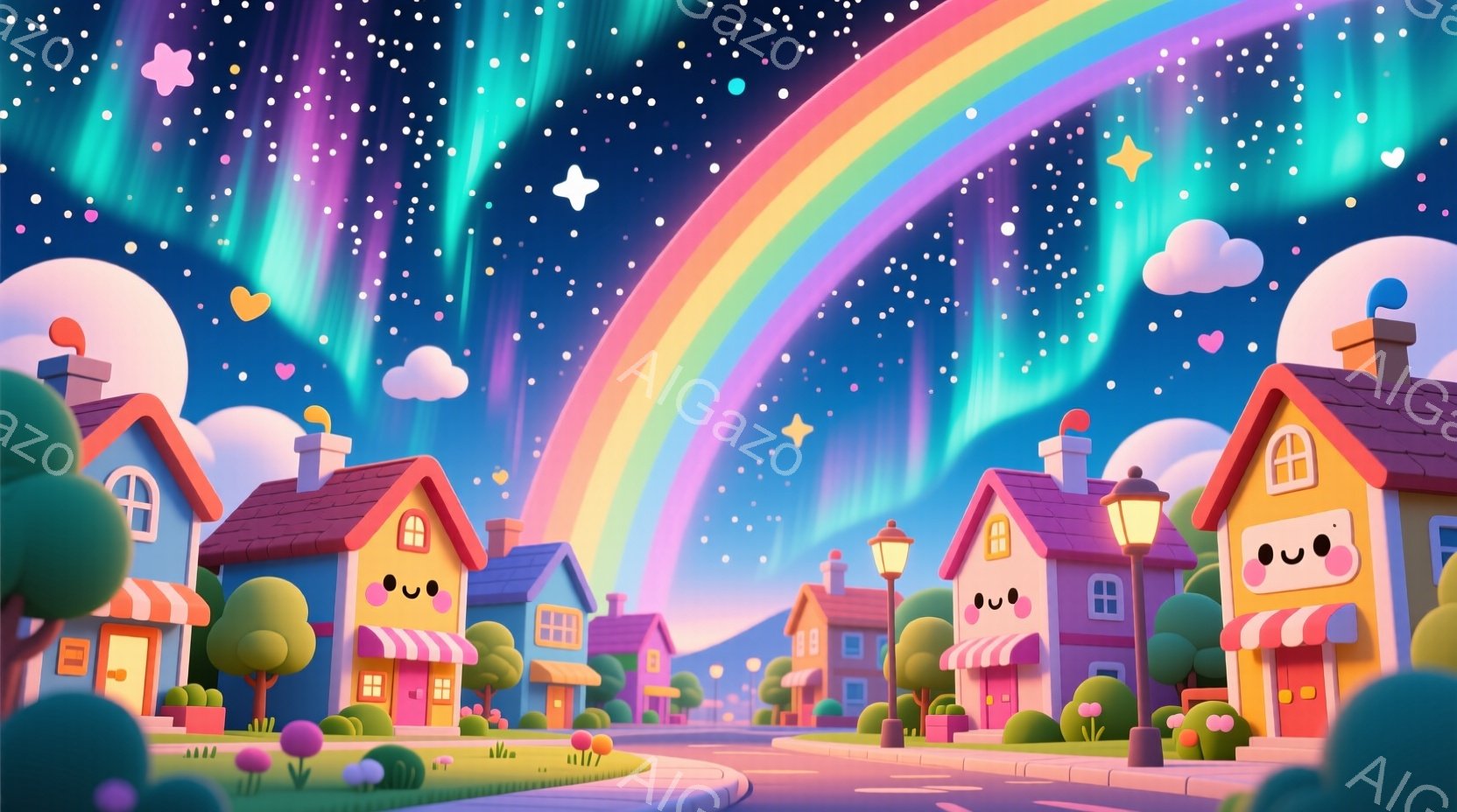 カラフルで愛らしい家々が並ぶ街並みで、各家に可愛らしい顔が描かれています。背景には虹が架かり、夜空には星が輝き、幻想的なオーロラが広がっています。全体的に温かく、夢のような雰囲気で、子供向けのイラスト - AI生成フリー素材