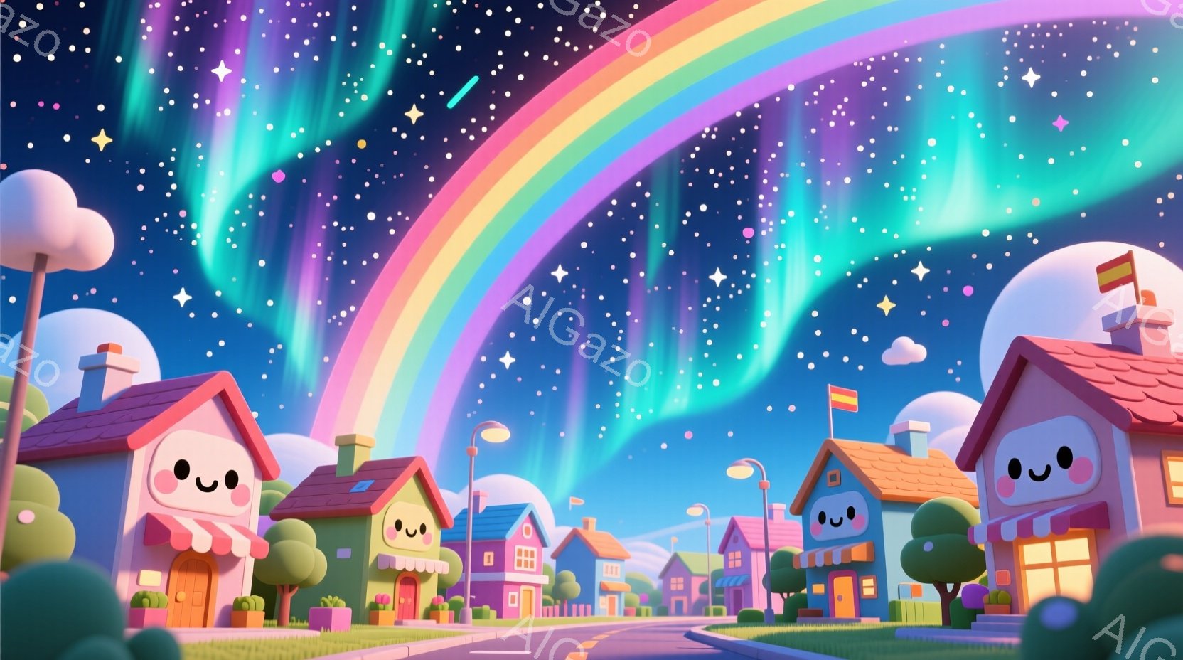 カラフルで可愛らしい家々が並ぶ街並みで、各家には顔が描かれていて、まるで生きているようです。背景には虹がかかり、夜空には無数の星が輝き、幻想的な雰囲気を醸し出しています。全体的に明るく、温かい色調が使 - AI生成フリー素材