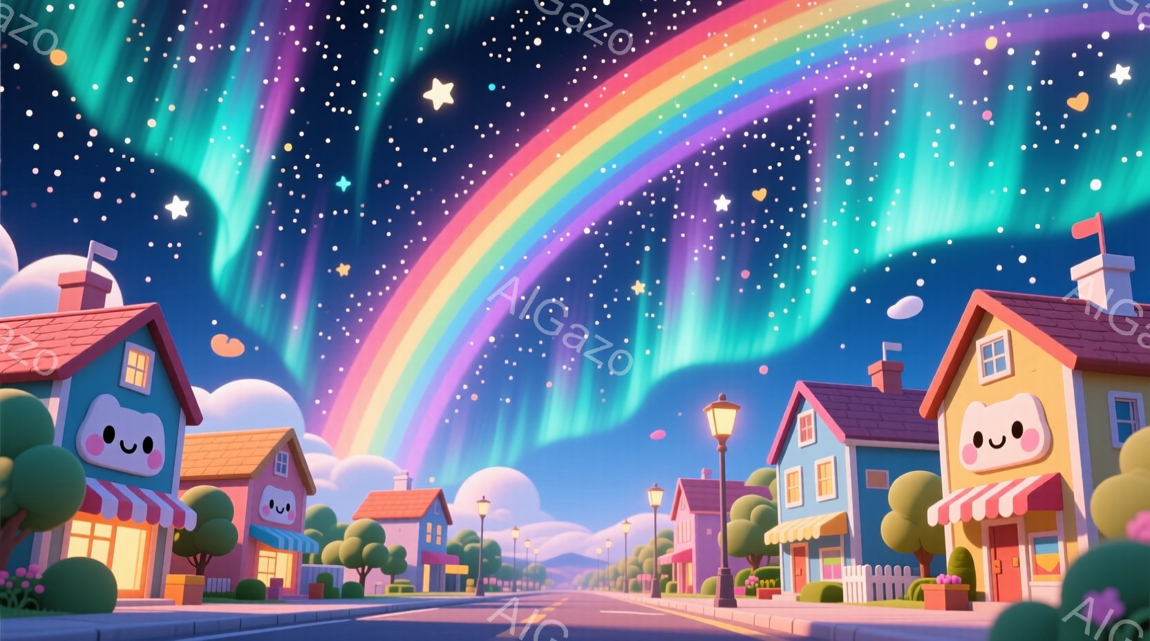 カラフルな家々が並ぶ可愛らしい街並みが描かれています。夜空には鮮やかな虹とオーロラが広がり、星が瞬いています。家々はそれぞれユニークな表情を持っており、温かくファンタジーな雰囲気を醸し出しています。 - AI生成フリー素材