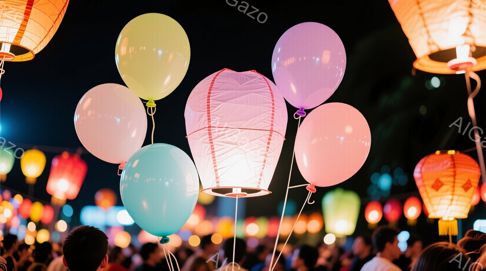 夜の景色に点光がたくさん漂っている様子。多色のぼう（ランプ）が大空に飛んでいて、それが多数の人々を囲むような雰囲気。観客は集中していると同時に穏やかな表情を見せている。暗い空に点光が飛ぶ瞬間、大きな群 - AI生成フリー素材