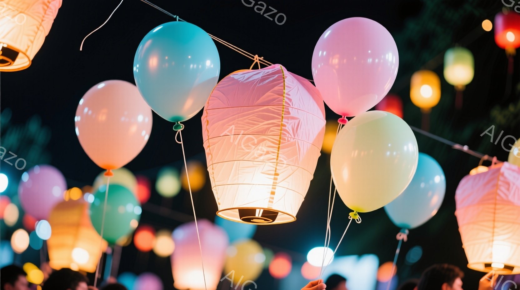 夜空に色とりどりの風船と提灯が浮かび上がり、幻想的な雰囲気を醸し出しています。提灯は紙製で、温かい光を放ち、周囲を柔らかく照らしています。背景は暗く、風船と提灯が際立って見え、お祭りやイベントの賑わい - AI生成フリー素材