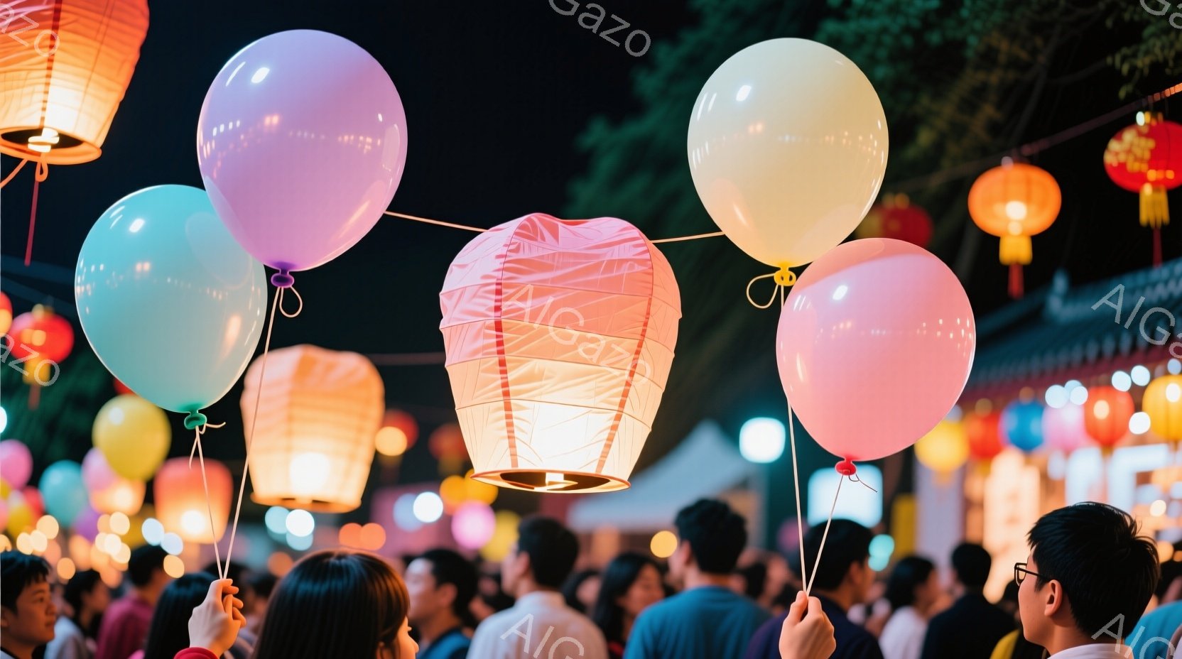 夜空を背景に、色とりどりの風船と提灯が浮かび上がっている様子が捉えられています。人々はそれぞれ手に風船を持ち、背景にはぼやけた人々の姿と伝統的な建築物が確認できます。温かい光と色彩が、お祭りやイベント - AI生成フリー素材
