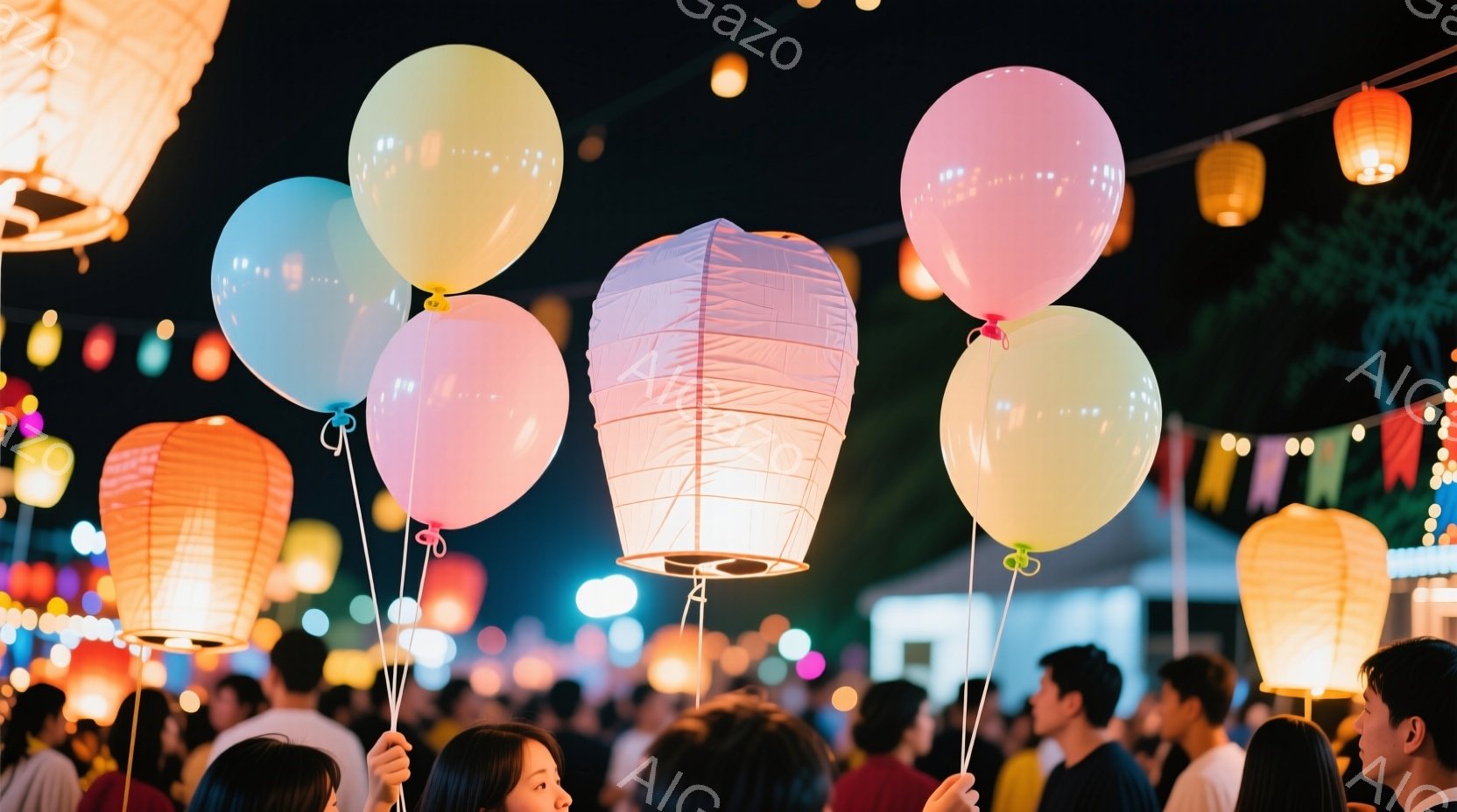 夜空に色とりどりの提灯と風船が浮かび、祭りの賑やかな雰囲気が伝わってくる。人々の服装は様々で、カジュアルな装いの人が多いが、皆楽しそうに提灯や風船を持ち、祭りを楽しんでいる様子が伺える。背景には、ぼん - AI生成フリー素材