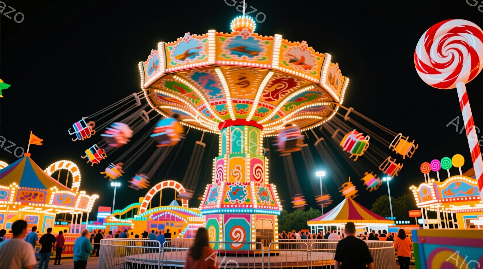 夜の遊園地で、色鮮やかな観覧車が回転している様子が描かれています。周囲には人々が集まり、観覧車を見上げて楽しんでいるようで、家族連れやカップルなど、様々な姿が見られます。背景には、カラフルな屋台が並び - AI生成フリー素材