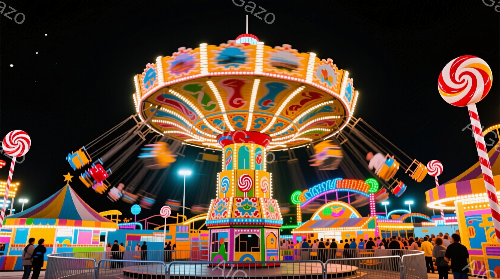 遊園地の回転遊具が夜空を彩り、鮮やかな色彩が目に飛び込んできます。多くの人々が乗り物に乗っており、楽しげな雰囲気の中、人々は笑顔を見せています。背景にはカラフルな屋台が並び、賑やかな祭りの光景が広がっ - AI生成フリー素材
