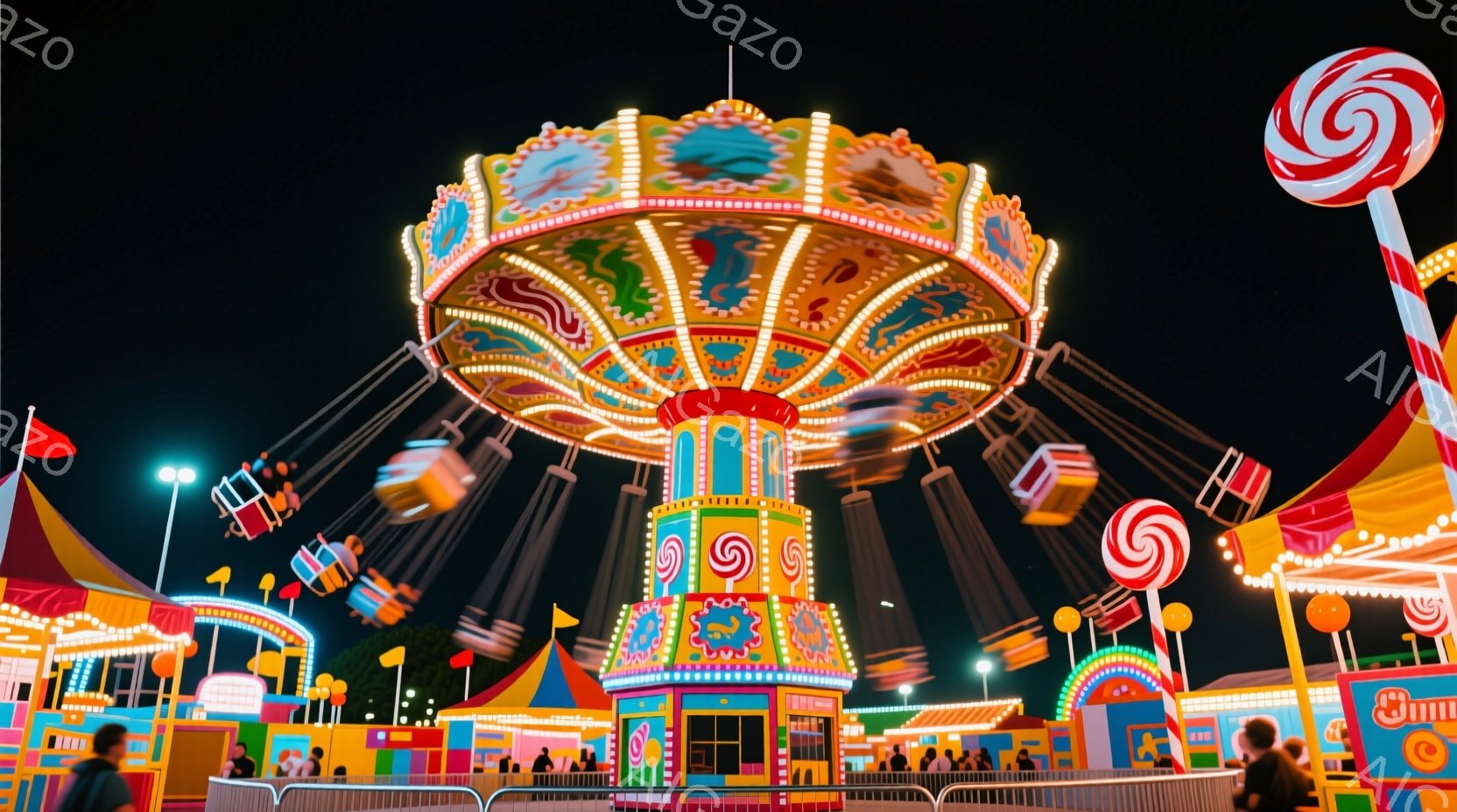 夜の遊園地で、カラフルな観覧車が回転している様子が写っています。観覧車は、赤、青、黄色の明るい色で装飾されており、多くの小さな座席が吊り下げられています。背景には、様々な色の屋台や建物が見え、賑やかな - AI生成フリー素材