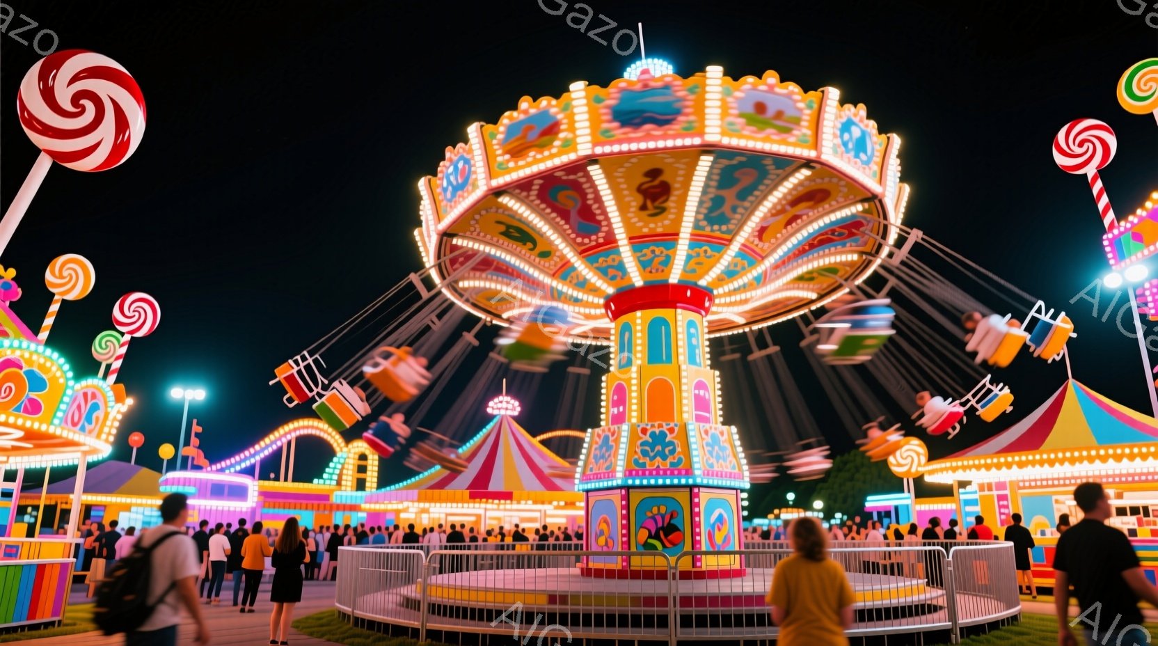 夜の遊園地で、カラフルな回転遊具が高速で回転している様子が捉えられています。遊具には多くの人々が乗り、楽しんでいるように見え、背景には多くの観客が立ち並んでいます。明るい照明と賑やかな雰囲気が、祭りの高揚感を強調しています。