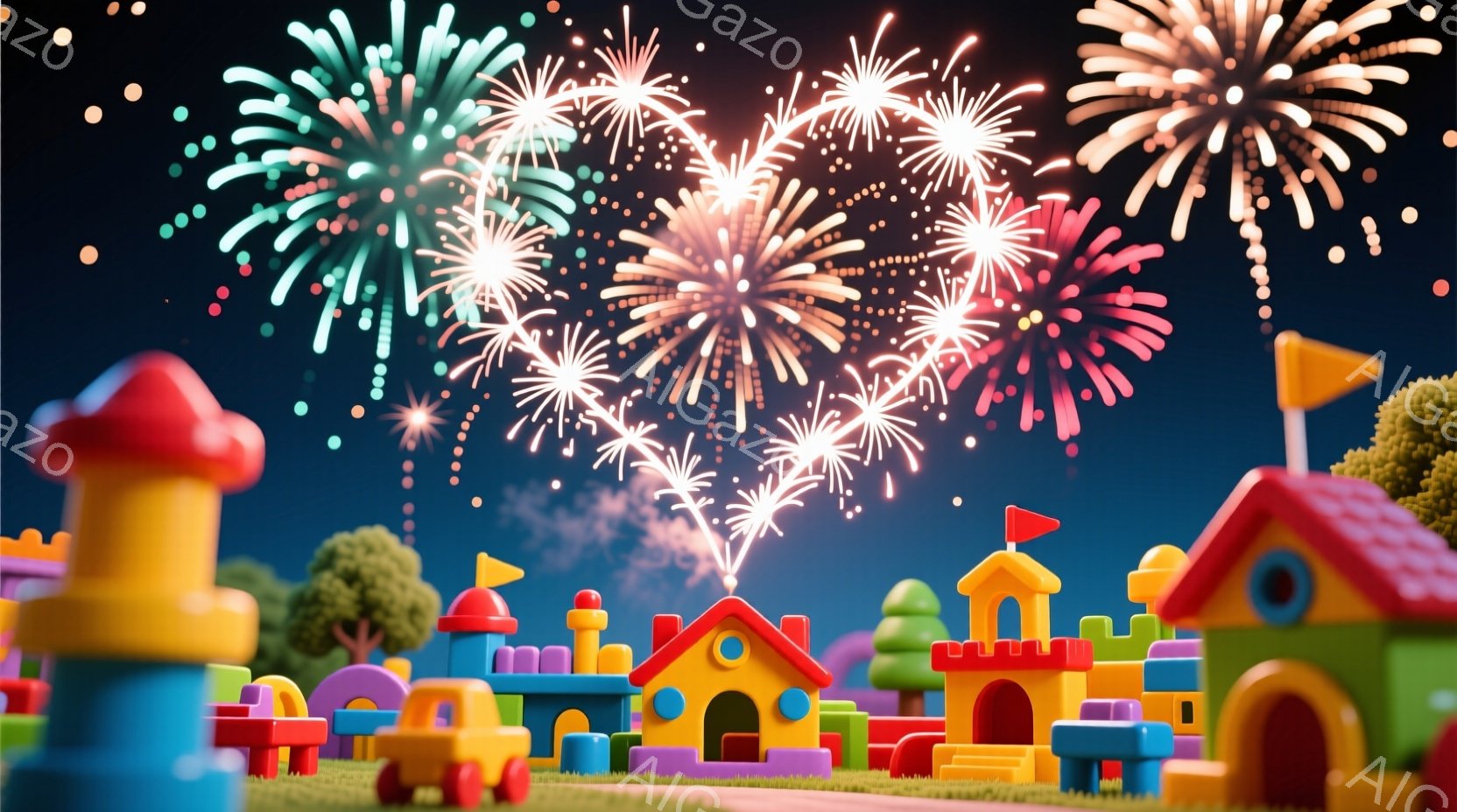 カラフルなブロックで作られた家々が並び、その背景には夜空に打ち上げられた花火が咲き誇っています。緑色の芝生が広がり、穏やかで夢幻的な雰囲気を醸し出しています。全体的に、子供向けの明るく楽しい世界観が表 - AI生成フリー素材
