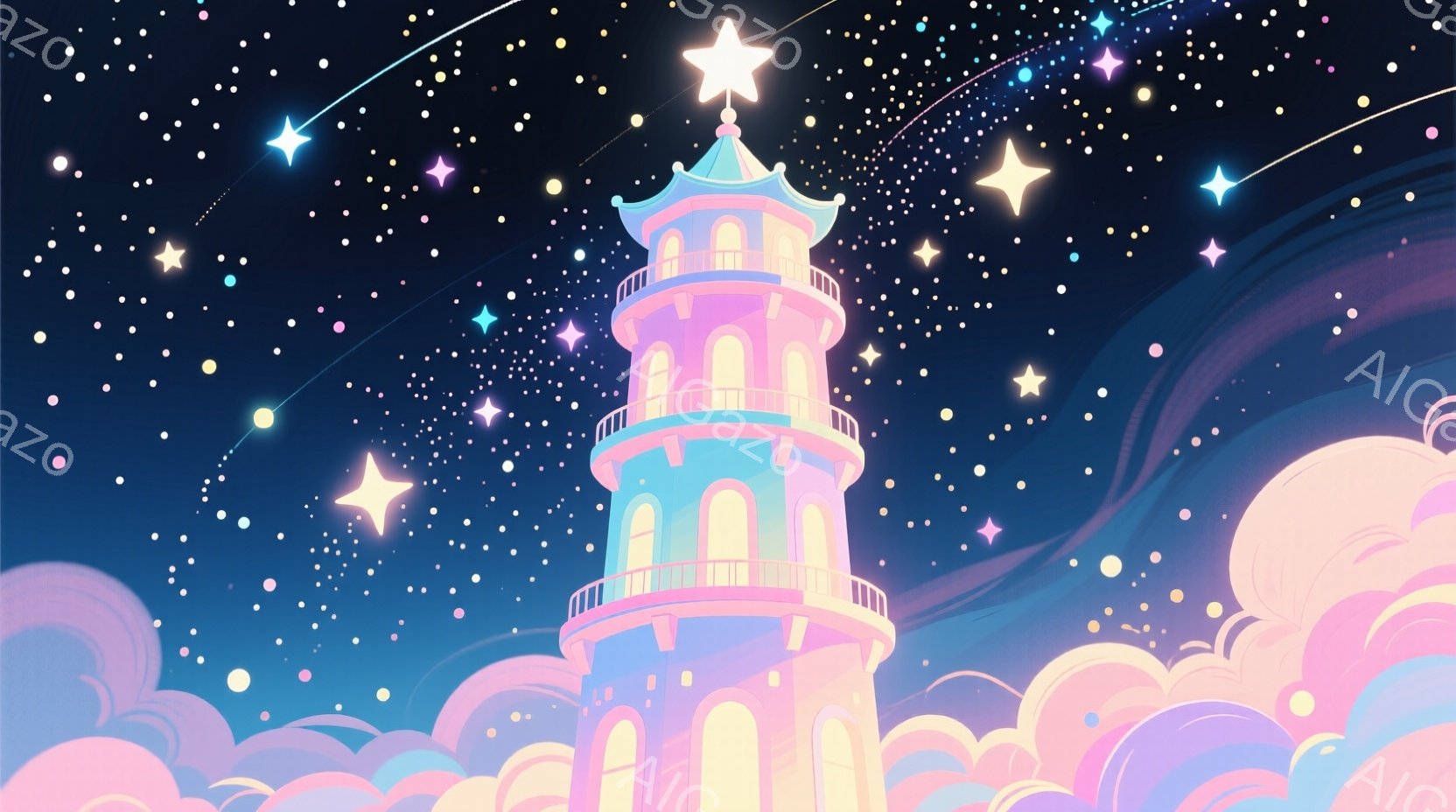 雲海の中にそびえ立つ、淡いピンクと水色の塔が印象的な画像です。塔は多層構造で、各階にはアーチ型の窓が並び、頂上には星形の装飾が輝いています。背景は暗い夜空と、無数の星や流れ星で満たされており、幻想的で - AI生成フリー素材