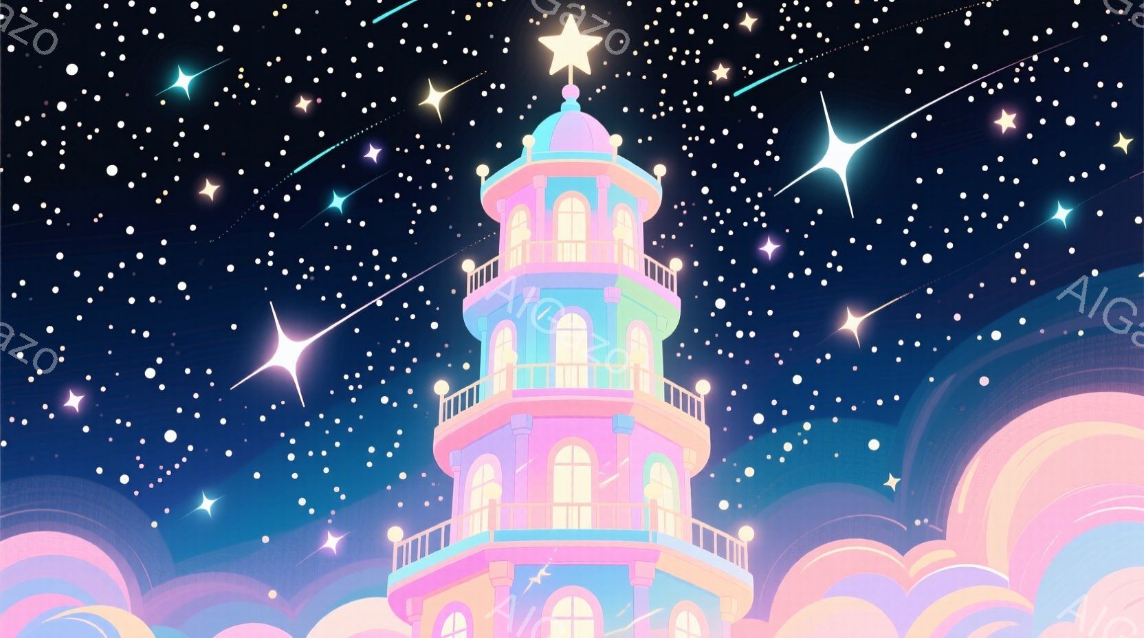 鮮やかなパステルカラーの塔が、ふんわりとした雲の上にそびえ立っています。塔は複数の階層を持ち、アーチ型の窓やバルコニーが特徴的で、頂上には星が輝いています。背景は深い青色に無数の星が散りばめられており、幻想的で夢のような雰囲気を作り出しています。