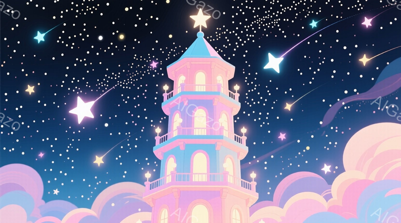 空には無数の星が輝き、淡いピンク色の塔が雲の上に浮かんでいます。塔はアーチ型の窓と繊細な装飾が施されており、幻想的な雰囲気を醸し出しています。全体的に柔らかい色彩と星の輝きが、夢のような世界観を表現し - AI生成フリー素材