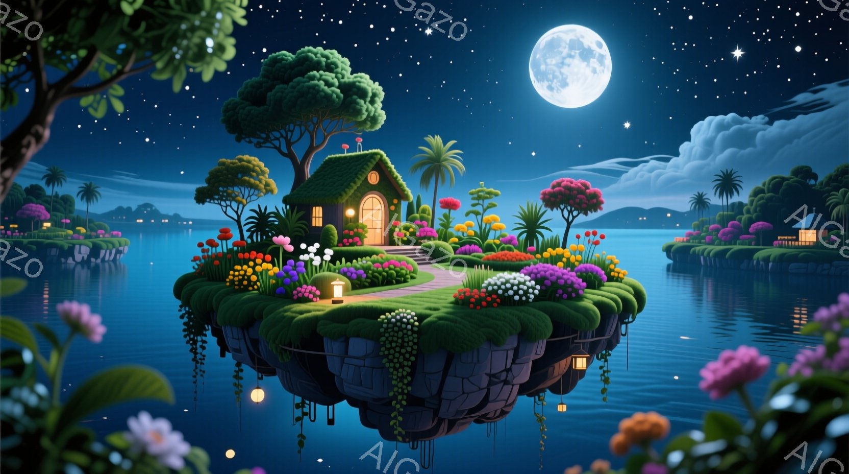 浮かんだ島の上に、可愛らしい家が建っています。鮮やかな花々が咲き乱れ、緑豊かな木々が生い茂り、夜空には満月と星が輝いています。水面は穏やかで、周囲の風景を静かに映し出し、幻想的で平和な雰囲気を醸し出しています。