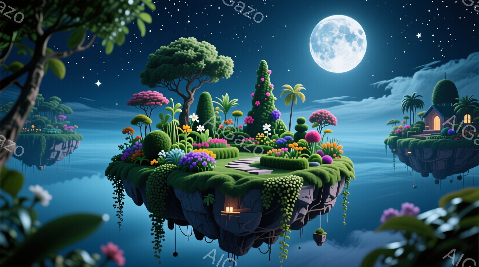 鮮やかな緑の浮島が紺碧の空に浮かび、月明かりに照らされています。島々には様々な花が咲き乱れ、手入れされた庭園と小さな家屋が点在しており、まるで夢のような幻想的な光景です。穏やかな雲と星空が、静かで平和 - AI生成フリー素材