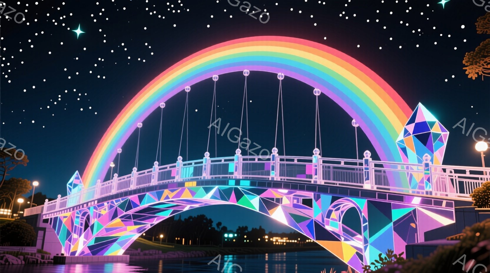 夜空を背景に、虹色に輝く未来的な橋が描かれています。橋は幾何学的な形状で構成され、鮮やかな色彩が水面に反射して幻想的な雰囲気を醸し出しています。周囲には街灯が灯り、緑豊かな自然が広がっており、夜空には - AI生成フリー素材