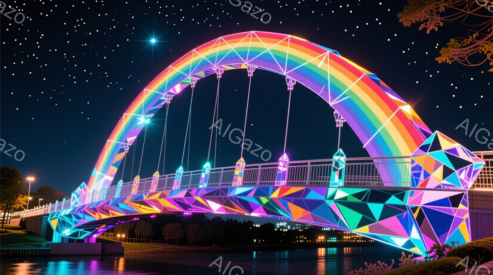 夜空を背景に、虹色に輝く橋が印象的な画像です。橋は幾何学的な三角形のパネルで構成されており、まるで宝石のように光り輝いています。水面に反射する光と、遠くに見える街の明かりが、幻想的な雰囲気を醸し出しています。