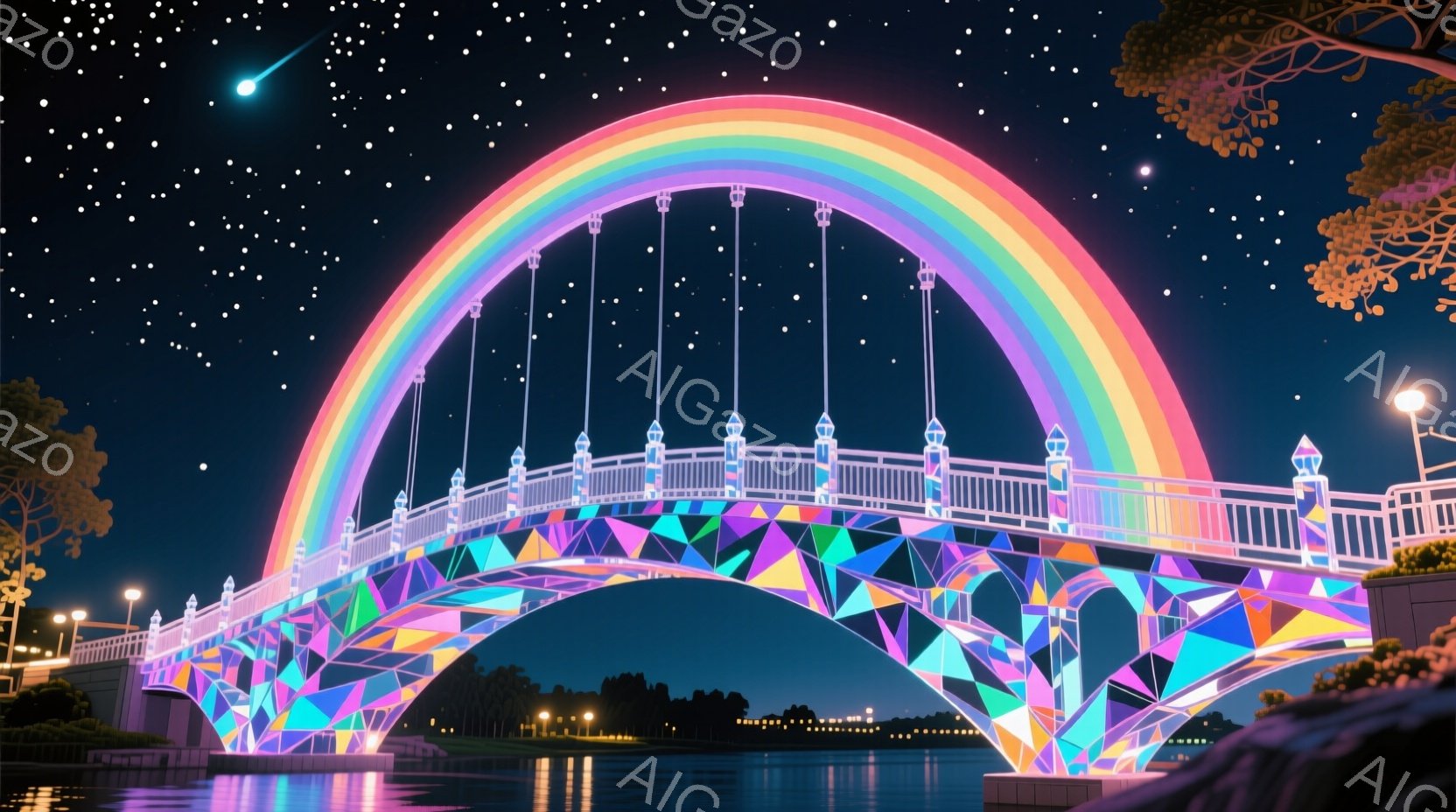 夜空を背景に、虹色に輝くアーチ橋が印象的な光景です。橋の構造は幾何学的な三角形で構成され、水面にその美しい姿を映し出しています。周囲には街灯が灯り、木々がシルエットとなり、幻想的な雰囲気を醸し出してい - AI生成フリー素材