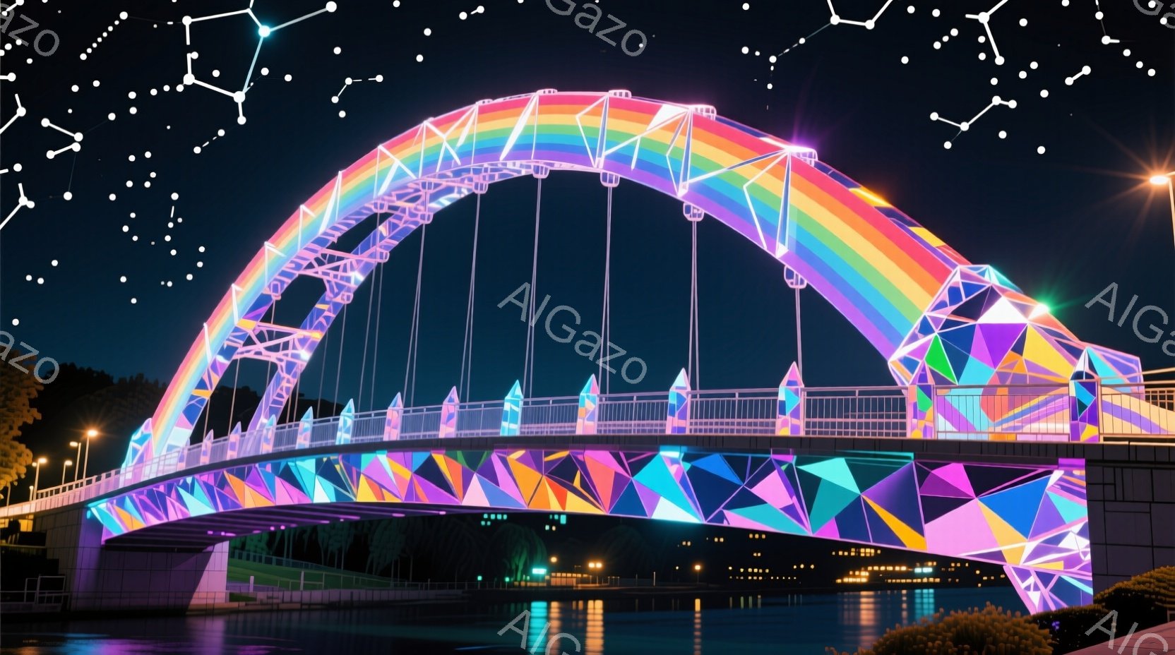 夜空を背景に、虹色に輝く橋が印象的な光景です。橋の構造は三角形のパネルで構成され、まるで万華鏡のように色彩が変化しています。水面に反射した光が、幻想的な雰囲気を醸し出しており、周囲の街並みもぼんやりと光を放っています。