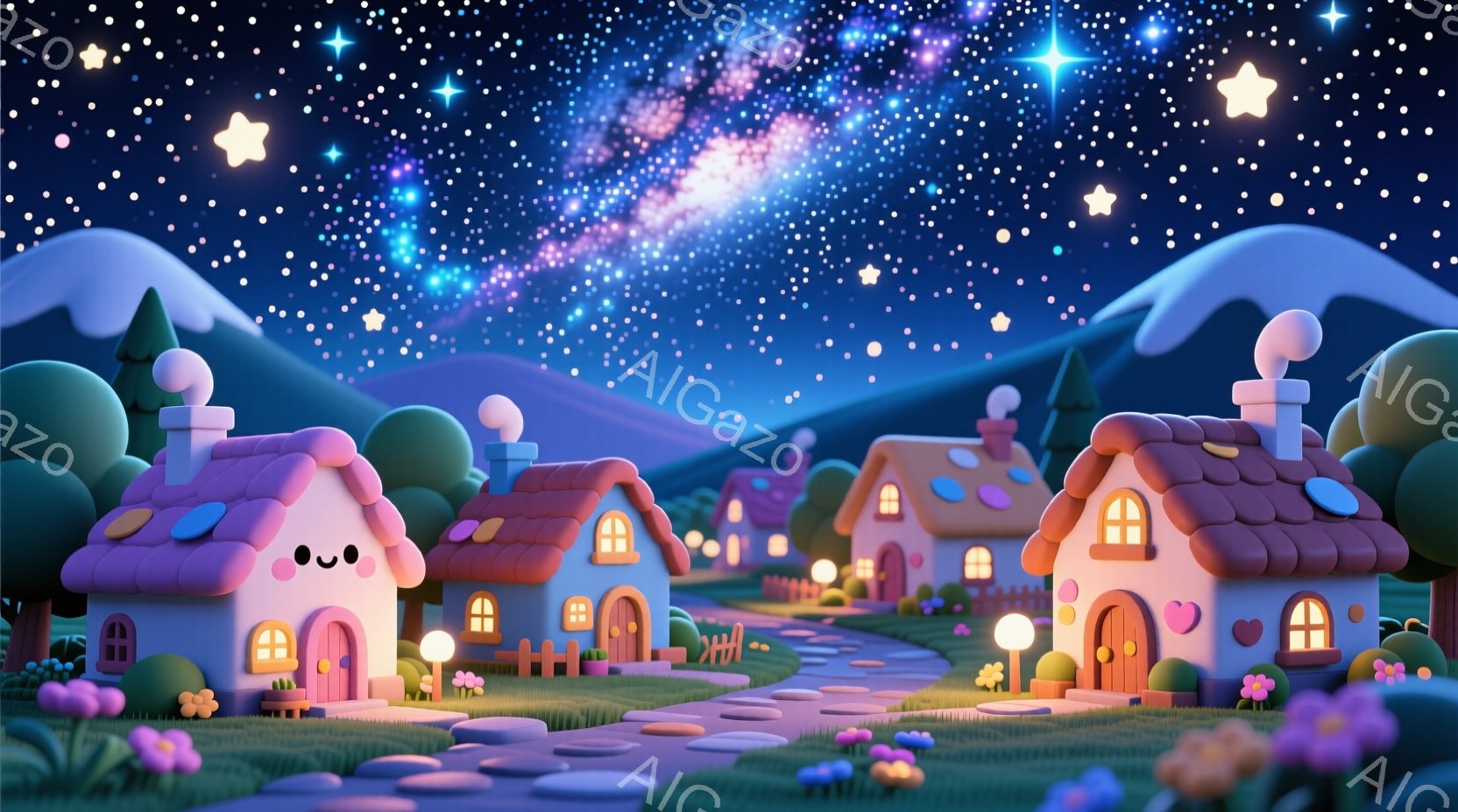カラフルで可愛らしい家々が並ぶファンタジーな風景です。紫色の丘と緑の草地が広がり、星空の下で暖かく穏やかな雰囲気が漂っています。家々はそれぞれユニークなデザインで、可愛らしい表情を持ち、おとぎ話の世界 - AI生成フリー素材