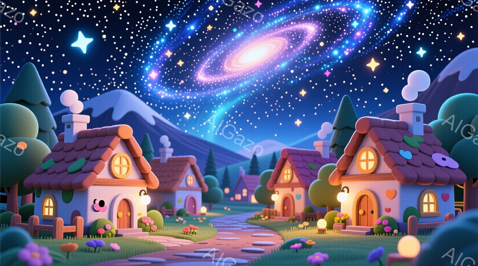 カラフルで可愛らしい家々が並び、石畳の道が奥へと続いています。背景には紫色の山々と、星空が広がり、幻想的な雰囲気を醸し出しています。家々の周りには、ピンクや紫の花が咲き乱れ、まるで絵本の世界のような、 - AI生成フリー素材