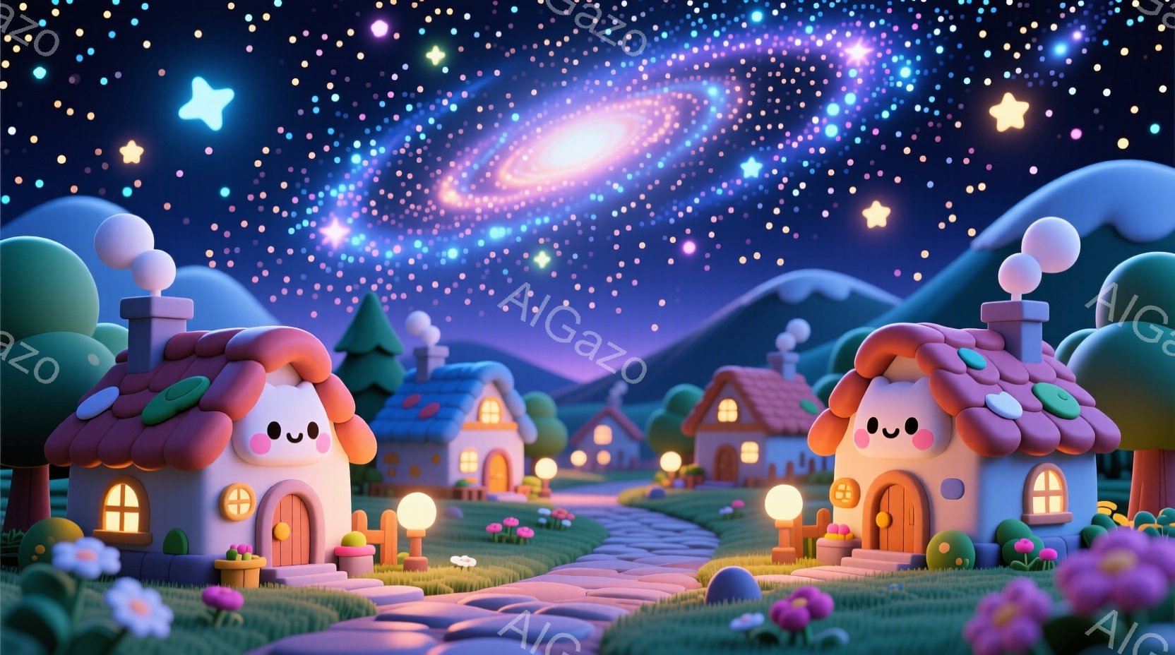 可愛らしい家々が並ぶ夜の風景です。各家は丸みを帯びたフォルムで、ピンクやオレンジ色の屋根が特徴的で、窓からは温かい光が漏れています。背景には紫色の丘と、星空が広がり、全体的に夢のような、温かい雰囲気で - AI生成フリー素材