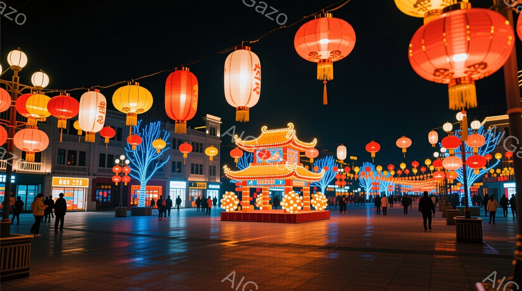 広場には多くの人々が散策しており、ほとんどがカジュアルな冬物の上着を着ています。背景には、中国風の装飾が施された建物と、赤やオレンジ色の提灯が空中に並び、華やかな雰囲気を醸し出しています。夜の空の下、建物や提灯からの光が広場全体を暖かく照らし、お祭りや祝祭のような賑やかなムードを演出しています。