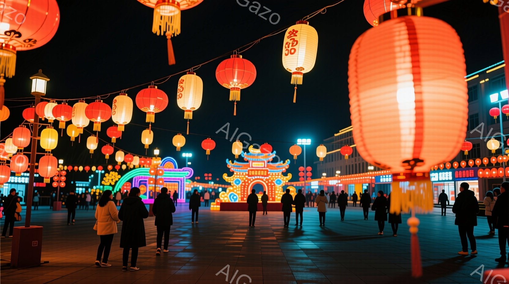 広場には多くの人々がおり、赤色の提灯が空中に密集して飾られています。人々は様々な冬物のアウターを着ており、歩き回ったり、立ち話したりしています。背景には、中国風の装飾が施された建物と、夜空に輝くネオン - AI生成フリー素材