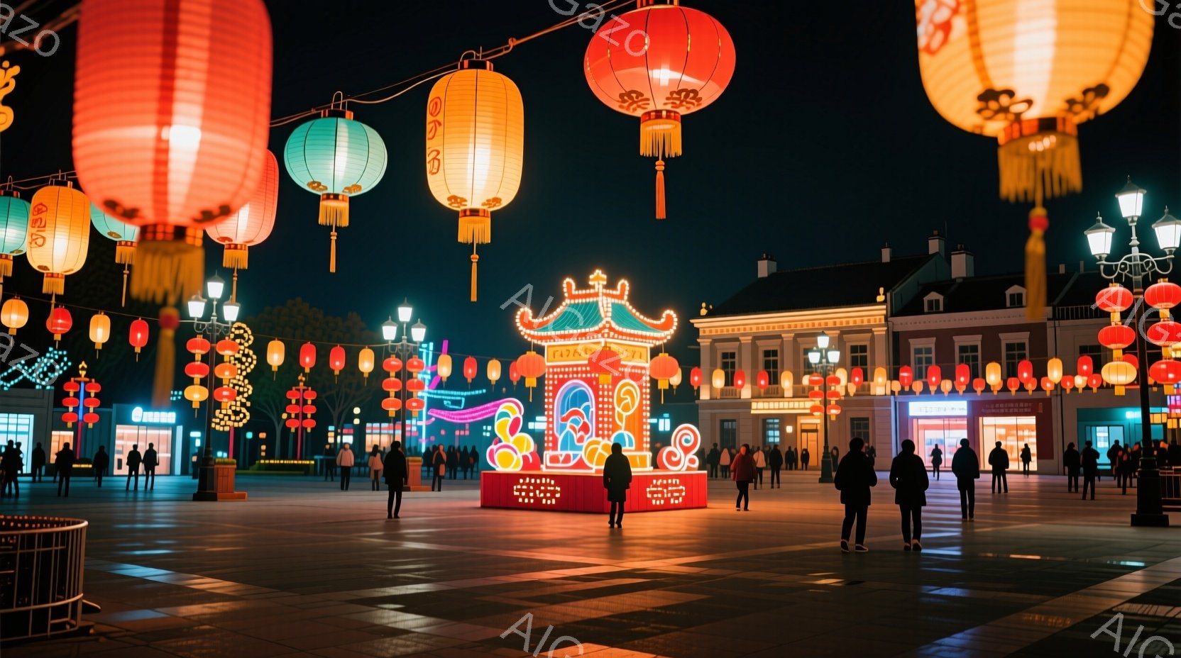 広場には多くの人々がおり、赤い提灯が空中に飾られて華やかな雰囲気を醸し出しています。人々は概ねカジュアルな服装で、後ろ姿やシルエットのため表情や髪型は不明です。背景には、ライトアップされた建物や装飾が - AI生成フリー素材