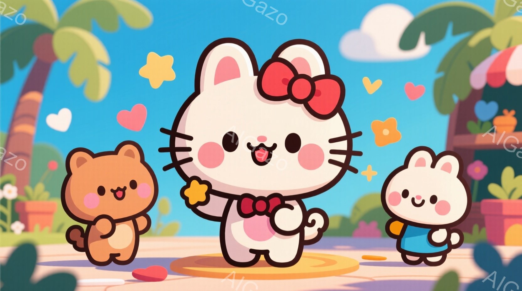 白いウサギのキャラクターが中央に立ち、赤いリボンをつけています。オレンジ色のクマと水色のウサギのキャラクターが両側にいて、皆笑顔で可愛らしい表情をしています。背景にはパステルカラーの植物、花、そして明 - AI生成フリー素材