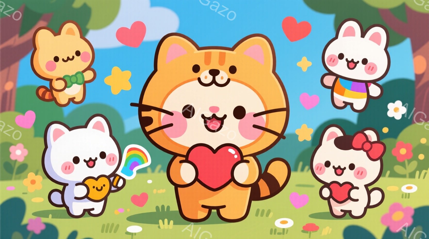 明るい緑の草原に、可愛らしい猫やウサギたちが集まっています。中央のオレンジ色のトラ柄の猫は、胸の前でハート型のものを抱きしめ、満面の笑みを浮かべています。背景には虹がかかり、黄色やピンクの花々が咲き乱 - AI生成フリー素材