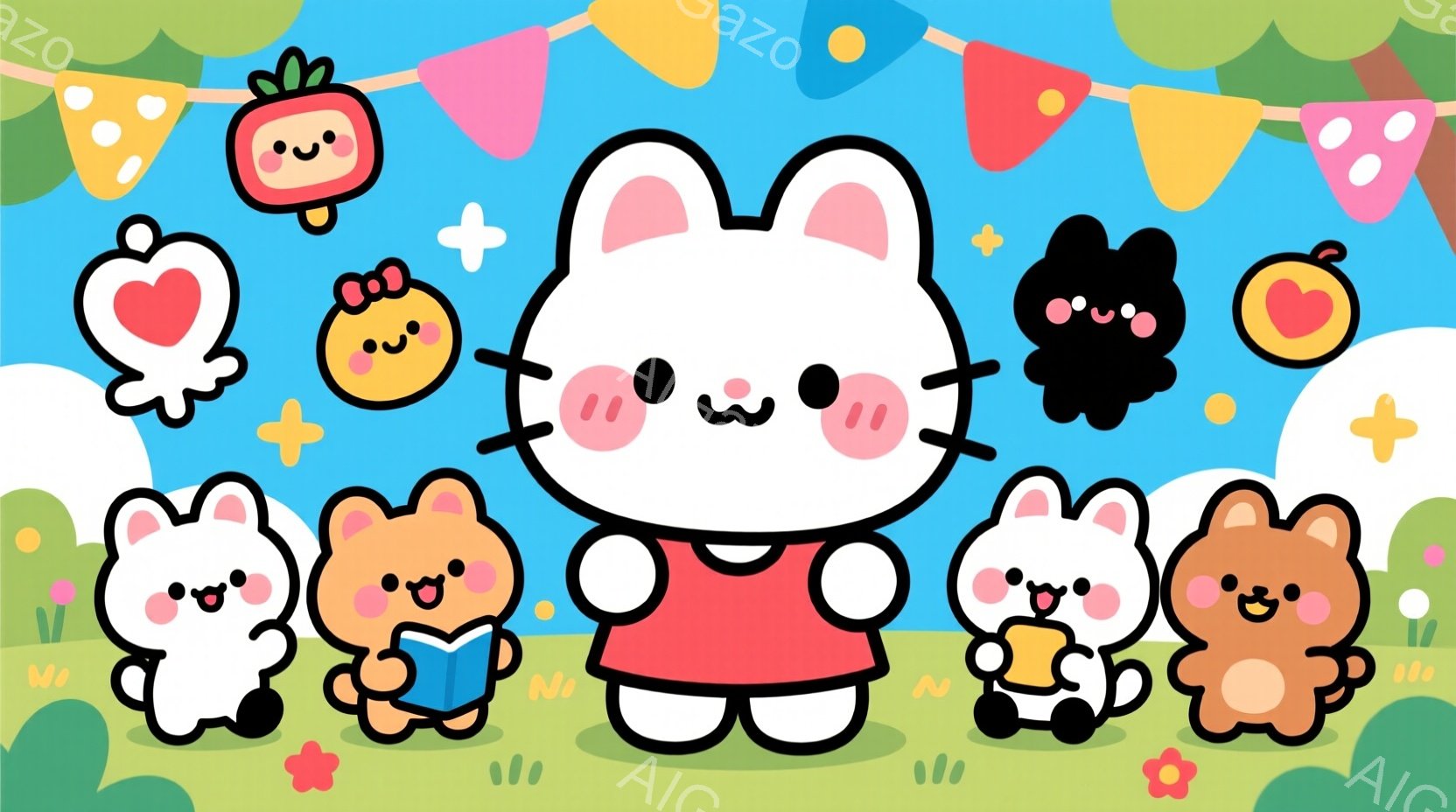 可愛らしい動物たちが草原に集まっています。中央にいる白いウサギは赤いワンピースを着ており、他の動物たちはそれぞれ本を読んだり、ポーズをとったりしています。背景には、カラフルな旗や花が咲き乱れ、明るく楽 - AI生成フリー素材