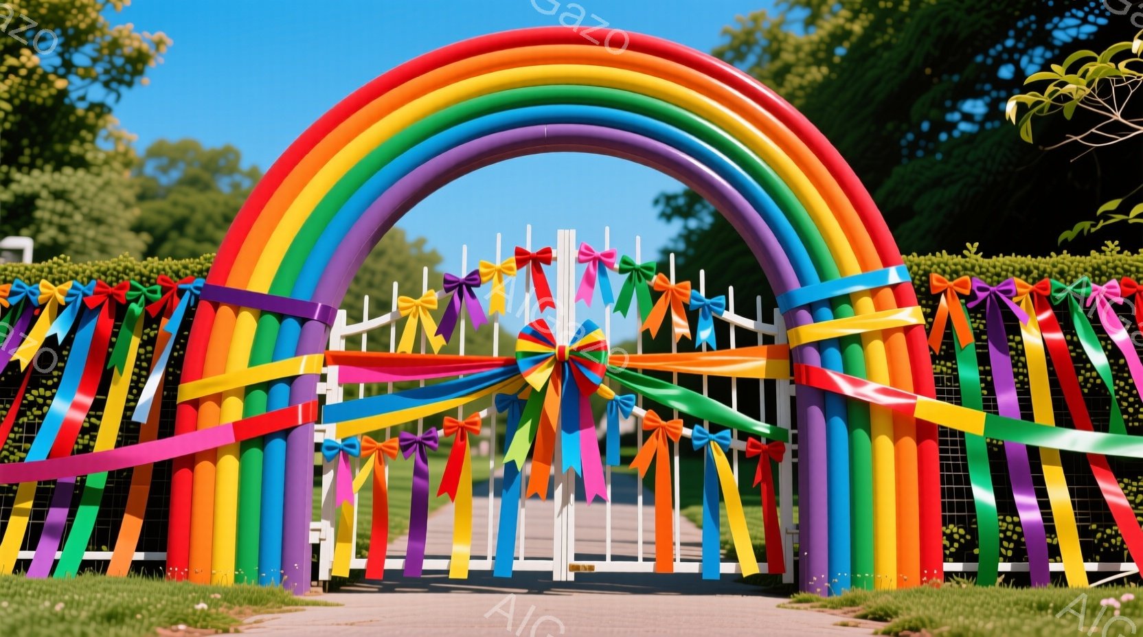 白い柵のゲートの上に、虹色のバルーンアーチが飾られています。ゲートの周りには、様々な色のリボンが結び付けられ、お祝いムードを盛り上げています。背景には緑豊かな木々と青空が広がり、晴れた日のイベントや祝祭を連想させる、明るく華やかな雰囲気です。