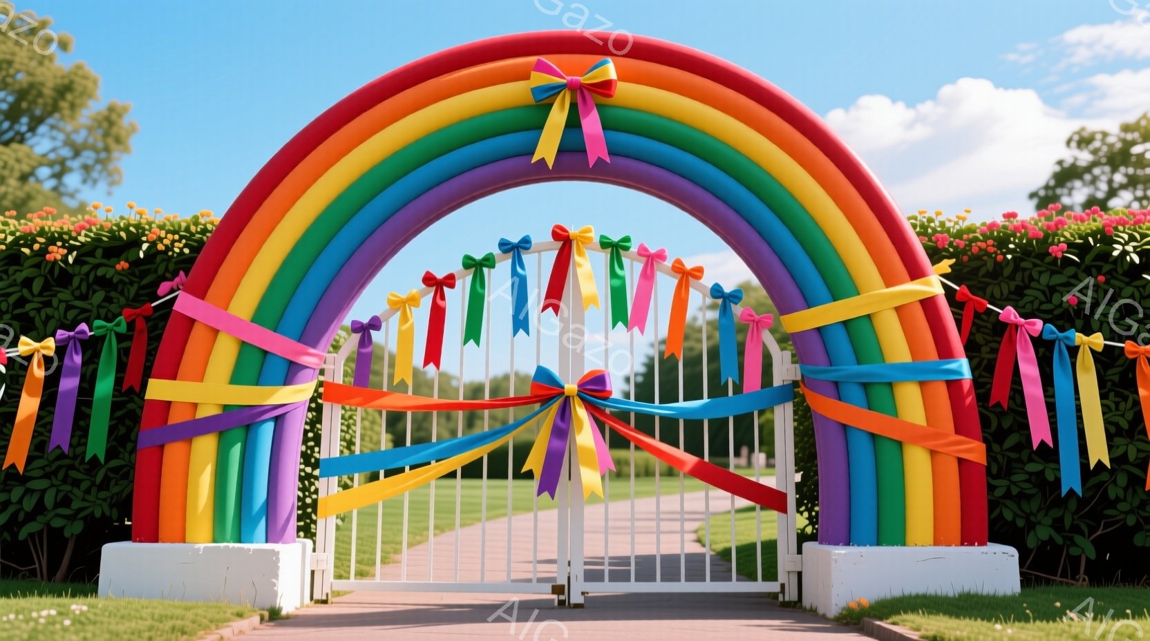 白いゲートの上に、虹色のアーチが飾られています。虹の各色は鮮やかで、ゲートにカラフルなリボンが結び付けられています。背景には緑豊かな芝生と木々が見え、晴れた空が広がっており、明るくお祝いの雰囲気です。