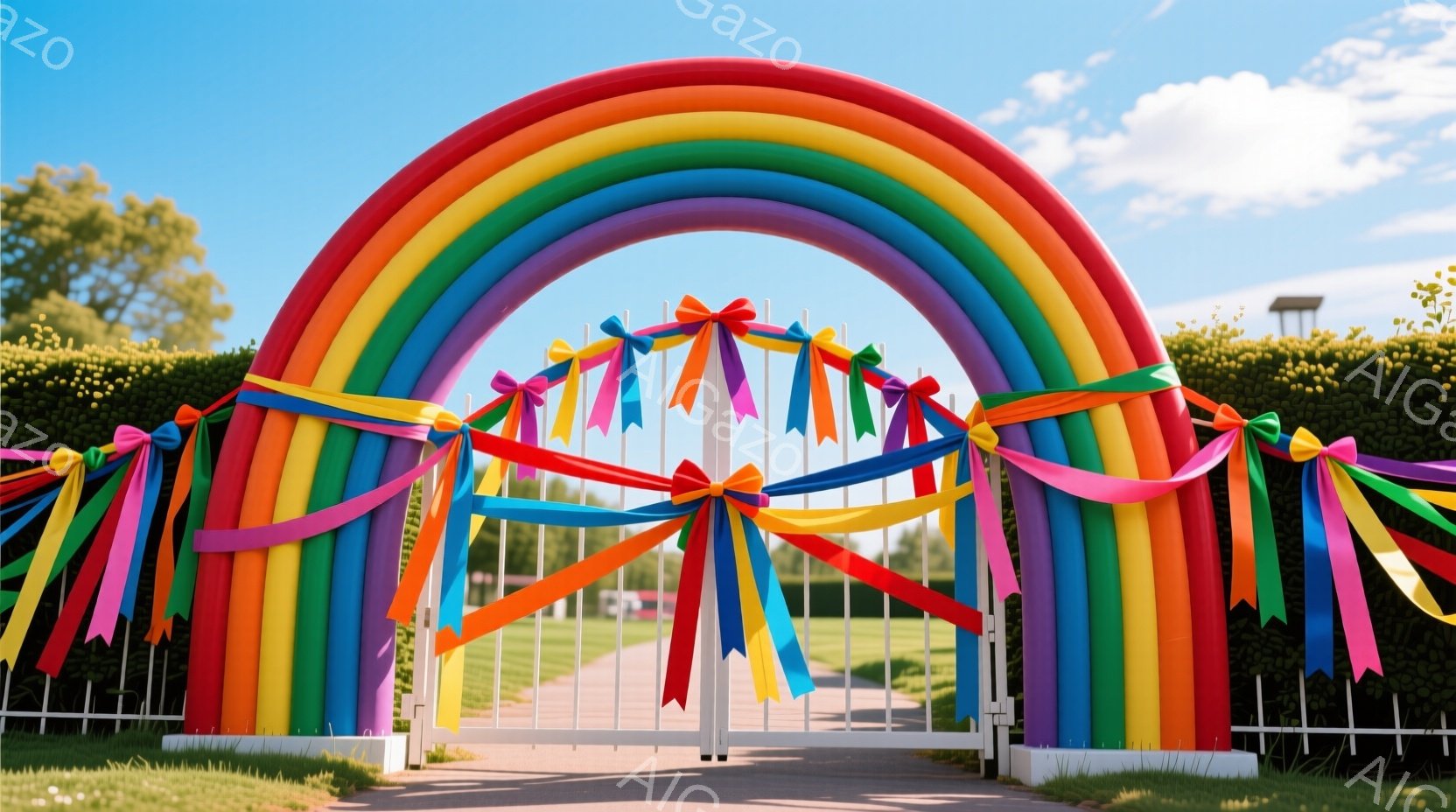 白いゲートの上に、虹色のバルーンアーチが華やかに飾られています。ゲートの周りには緑の芝生が広がり、背景には整然と手入れされた生垣と遠くの緑豊かな木々が見えます。晴れた青空の下、明るく陽気な雰囲気が漂い、お祝いやイベントを予感させる、魅力的な光景です。