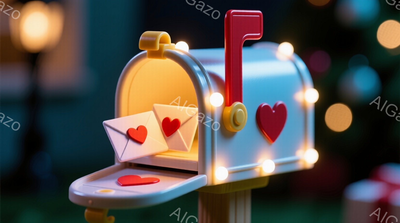 鮮やかな赤い郵便受けが、開いた状態で描かれており、中にはピンク色の封筒とハート型のチョコレートが数個入っています。背景には、ぼやけた緑色の木々と、温かい光を放つぼんやりとした光源が見え、ロマンチックで心温まる雰囲気を醸し出しています。全体的に、バレンタインデーや愛情表現を連想させる、可愛らしいイラストレーションです。