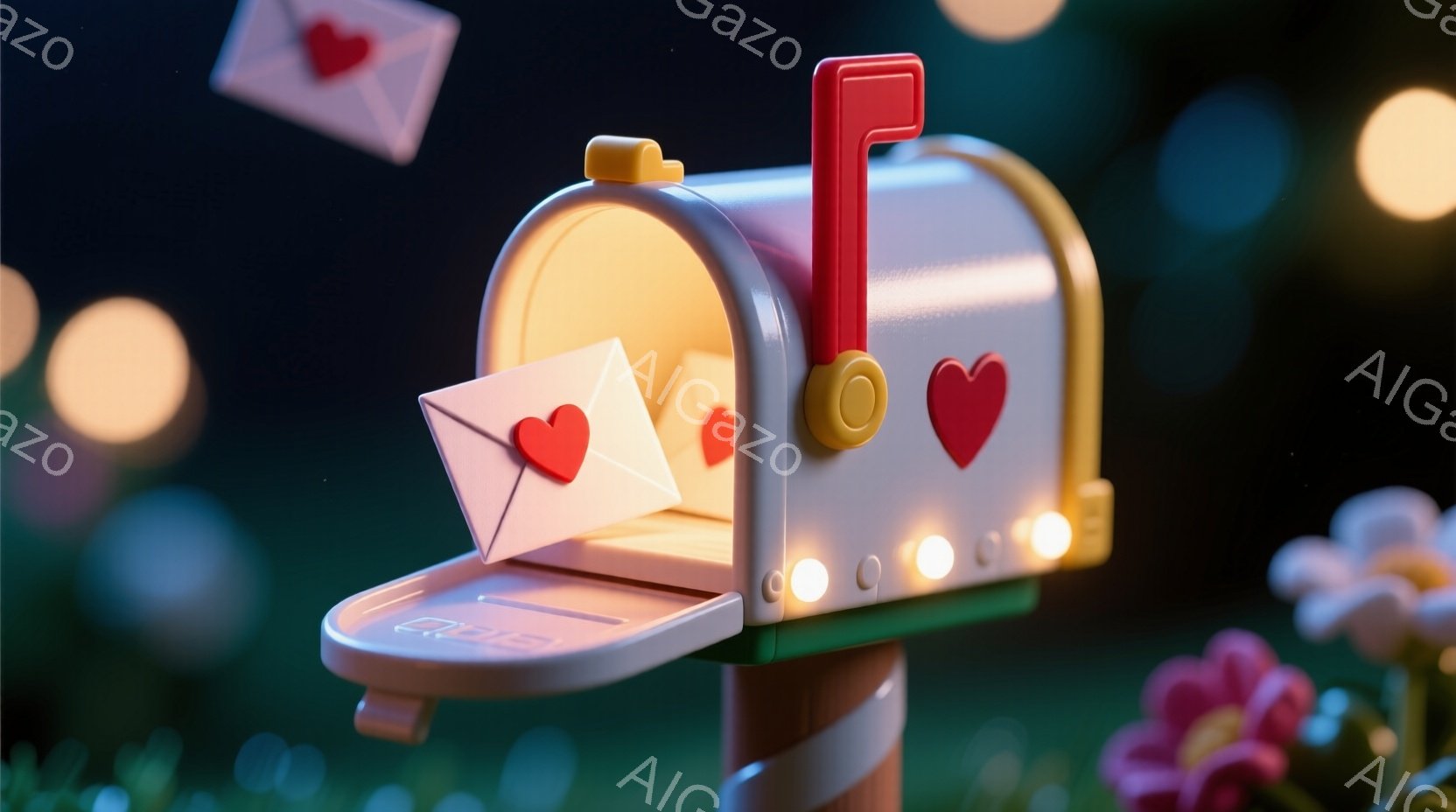 明るいピンクと白の郵便受けが、緑の草の上に置かれています。郵便受けの中には手紙がいくつか入っており、その手紙にはハートが描かれています。背景にはぼんやりとした光の玉とピンクと白の花が咲き、ロマンチック - AI生成フリー素材
