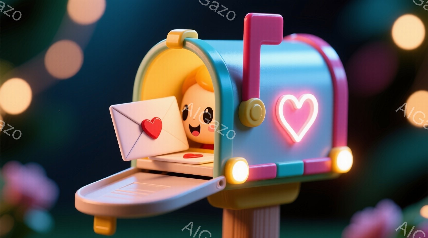 明るい水色の郵便ポストの中から、金髪の小さな女の子が顔を出しています。彼女は赤いハートの模様が入った白い封筒と小さなラップトップPCを手に微笑んでおり、とても可愛らしい印象です。背景にはぼやけたピンクと紫の花、そして温かい光を放つ丸い光のぼんやりとした輪があり、ロマンチックで夢のような雰囲気を醸し出しています。