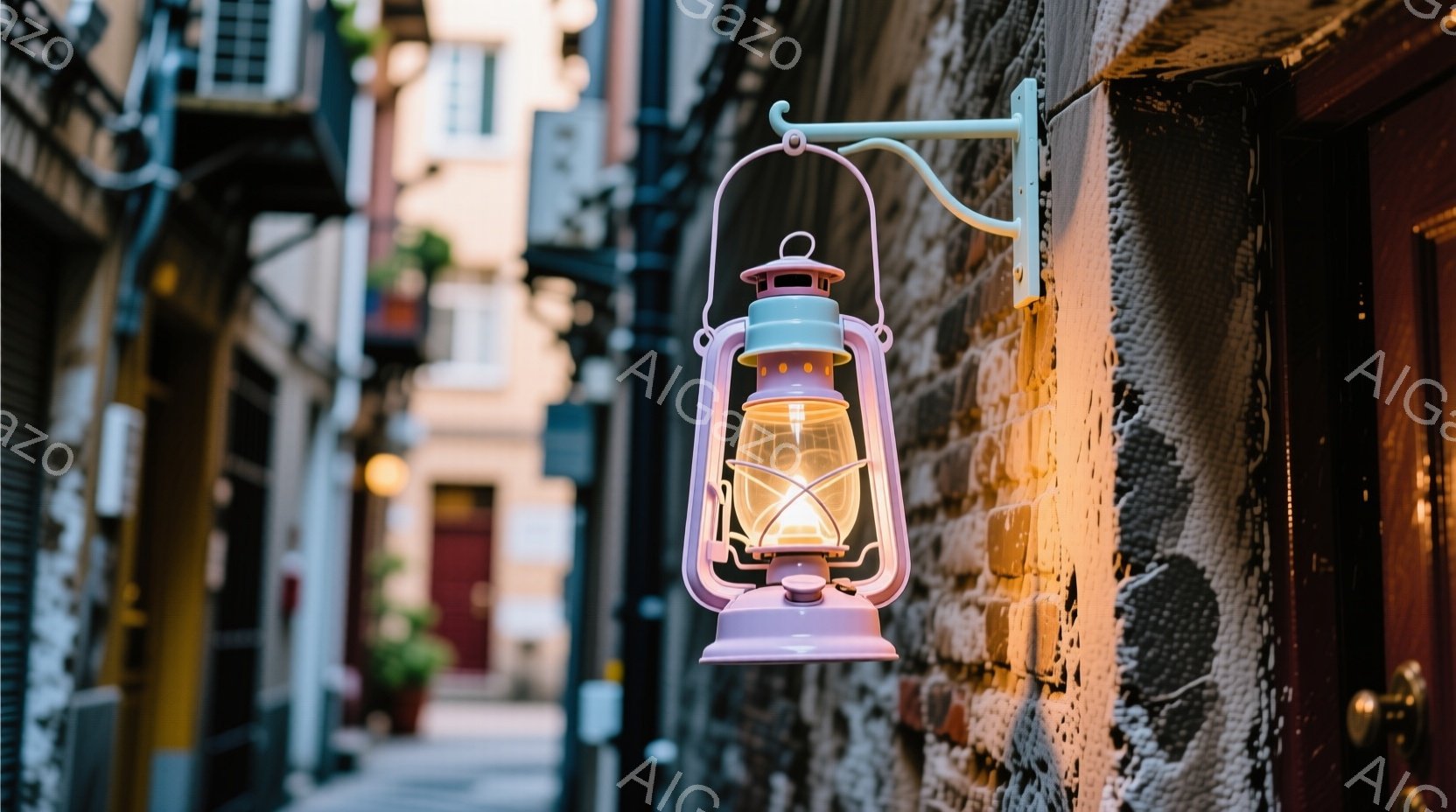 煉瓦造りの壁に、淡いピンク色のランタンが吊り下げられている。狭い石畳の道が奥へと続いており、両脇には古い建物が密集している。夕暮れ時の柔らかな光が、ノスタルジックで静謐な雰囲気を醸し出している。 - AI生成フリー素材