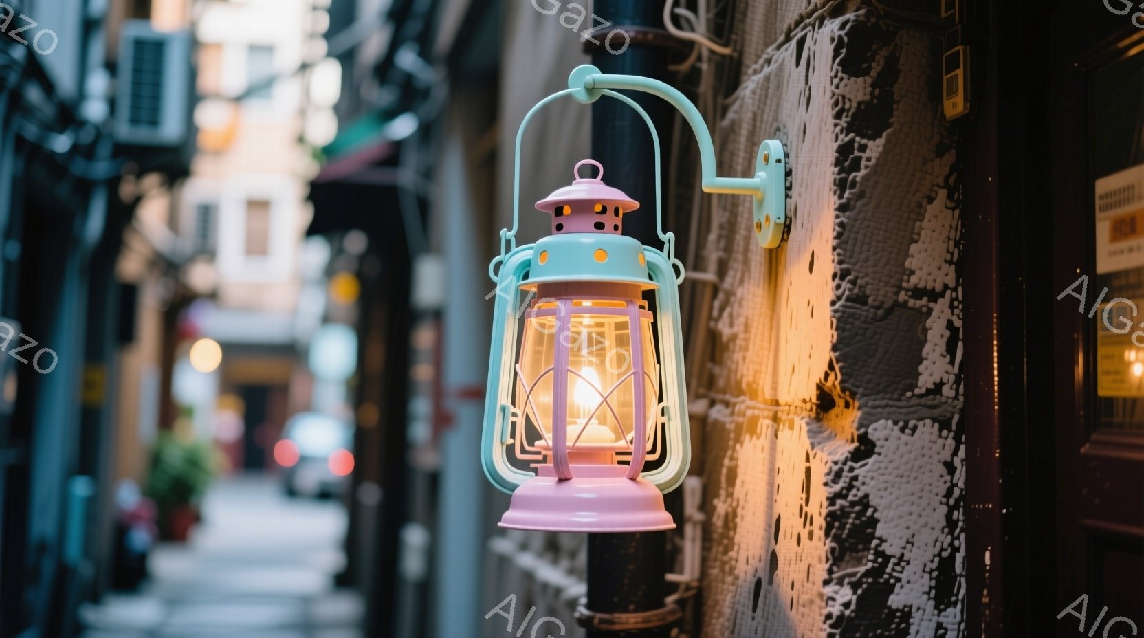 古い石造りの壁に、薄い緑とピンクの可愛らしいランタンが取り付けられています。ランタンの中には温かい光が灯っており、周囲を照らしています。背景には石畳の道と建物が見え、どこか懐かしい雰囲気を感じさせます - AI生成フリー素材