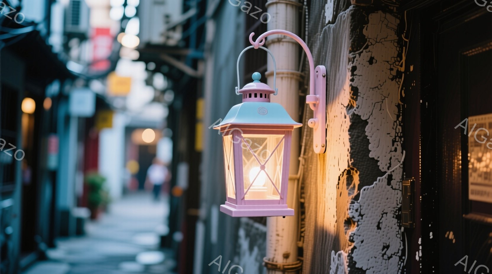 薄暗い路地裏に、淡いピンク色の提灯が取り付けられています。提灯からは温かい光が灯り、剥がれかけた壁と路地の奥へと続く景色を照らしています。全体的にノスタルジックで、静かで落ち着いた雰囲気が漂っています - AI生成フリー素材