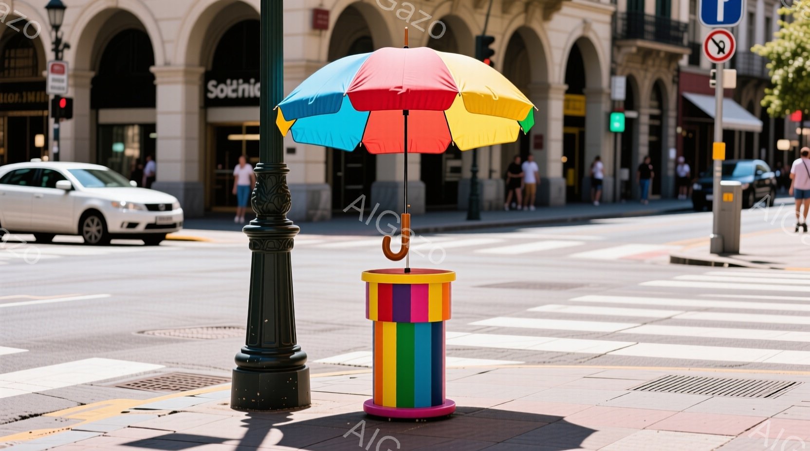 道路の真ん中の横断歩道上に、虹色の傘が置かれた円筒形の台が設置されている。背景には、洗練された建物が立ち並び、人々が歩行しているのが見える晴れた日の風景だ。全体的に鮮やかで活気があり、都市の賑わいとカ - AI生成フリー素材