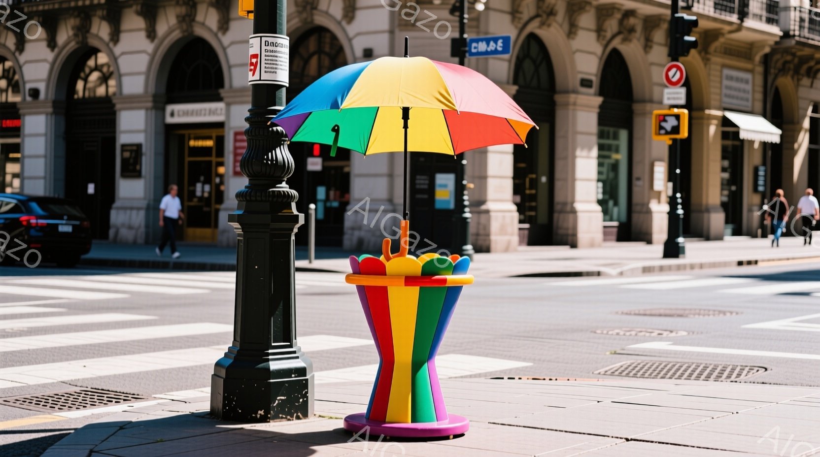 日当たりの良い道路の真ん中に、虹色の傘と傘立てが設置されている。背景には、歴史的な建物が立ち並び、一部の人々が歩道や道路を歩いているのが見える。全体的に晴れた日であり、鮮やかな色彩と建築物が調和した、 - AI生成フリー素材