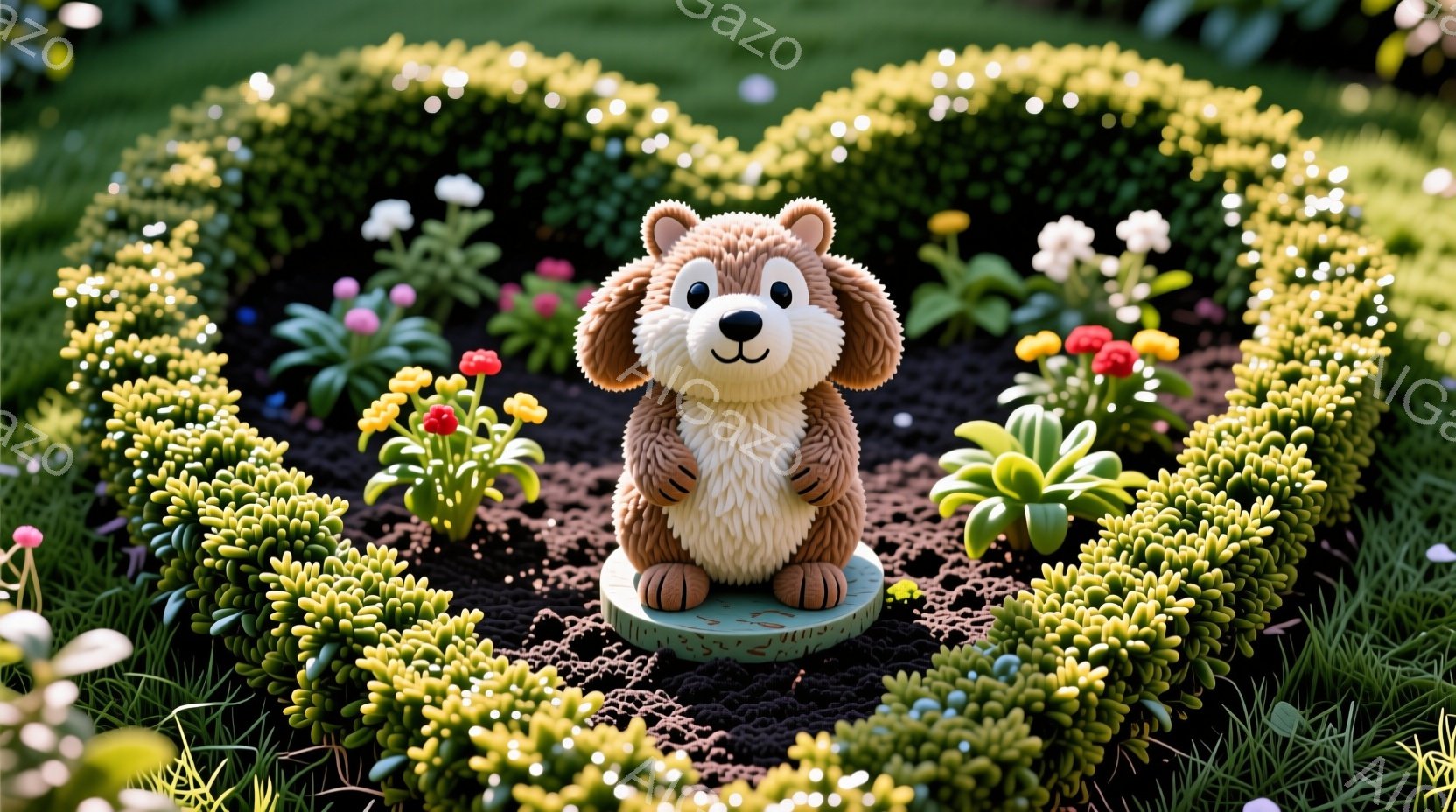 緑豊かな庭園の中に、かわいらしい犬の像が設置されています。像は茶色の毛並みで、耳は垂れており、愛らしい表情をしています。周囲には色とりどりの花が咲き、緑の低い生垣で像が囲まれており、全体的に暖かく穏やかな雰囲気です。