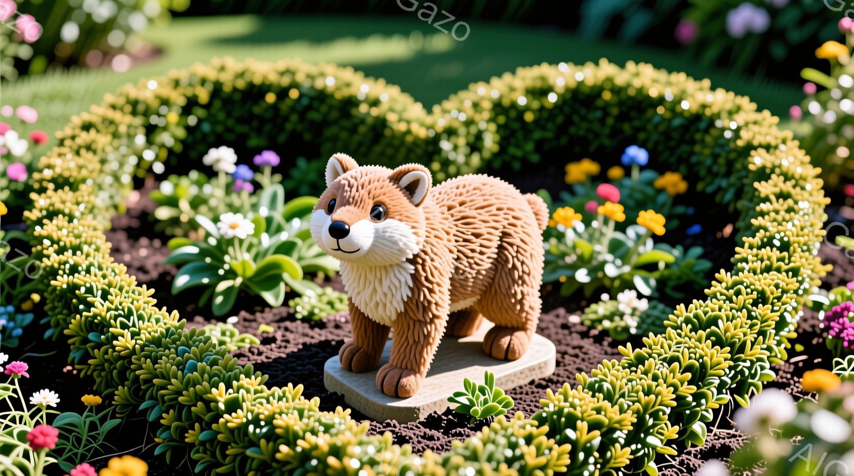 庭の片隅に、可愛らしいキツネの像が置かれています。像は茶色と白の毛並みで、土台の上にちょこんと座っている姿は愛らしいです。背景には緑豊かな低木や色とりどりの花が咲き乱れ、穏やかな春の日の庭園の雰囲気を醸し出しています。