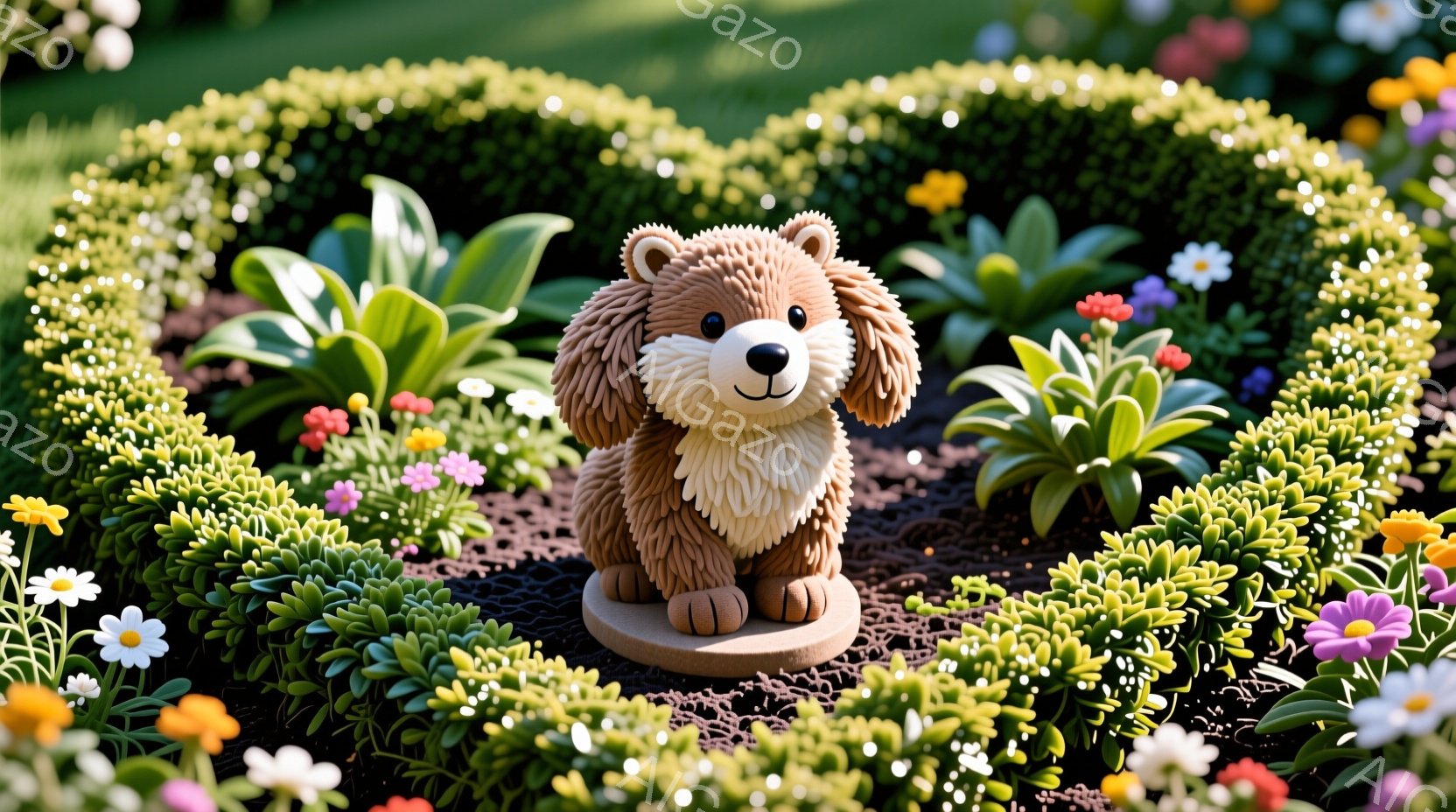 庭園の中に置かれた、茶色いふわふわの犬の置物が写っています。犬は正面を向き、穏やかな表情で、小さな足と垂れ下がった耳が特徴です。背景には、様々な花が咲き乱れる緑豊かな庭園が広がっており、明るい日差しが - AI生成フリー素材