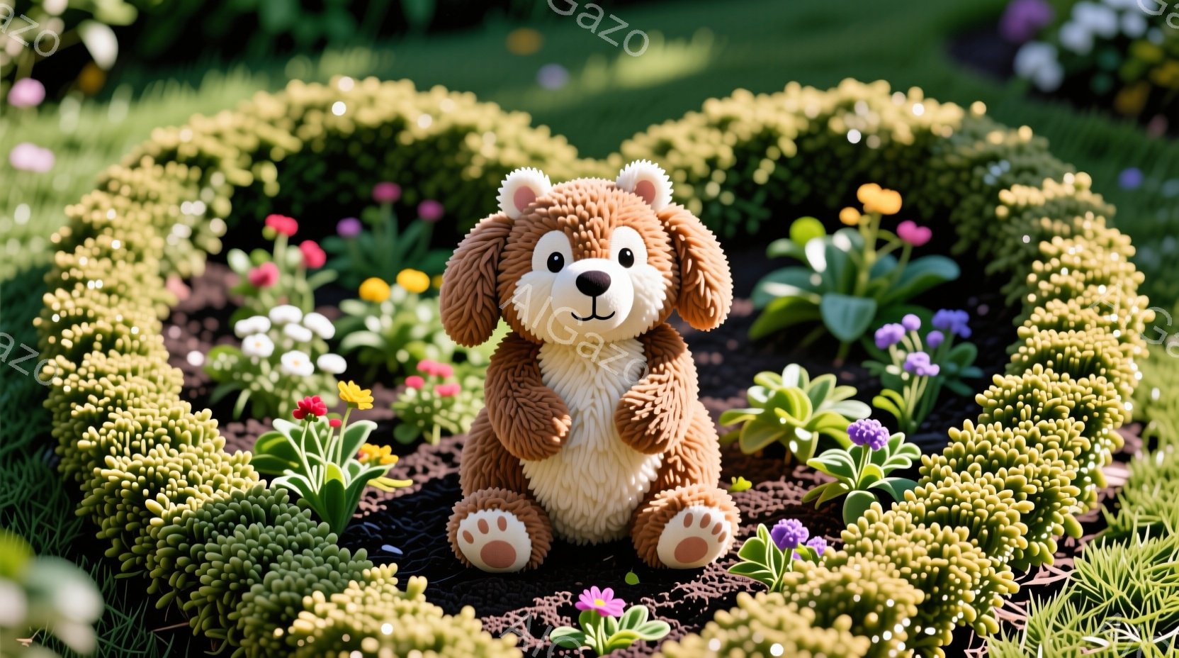 ぬいぐるみのような茶色の犬が、緑の植物で囲まれた花壇の中心に座っています。犬は正面を見据え、つぶらな瞳と穏やかな表情をしています。背景には、様々な色とりどりの花が咲き乱れ、暖かく穏やかな春の日の雰囲気を醸し出しています。