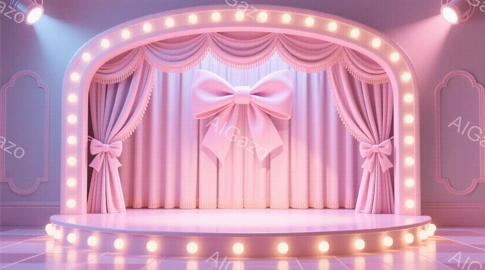 薄いピンク色の舞台を描写しています。舞台は丸みを帯びたデザインで、ピンク色のドレープと大きなリボンで装飾されており、周囲には明るい電球が取り付けられています。全体的に優雅でかわいらしい雰囲気で、イベントやショーの準備が整ったような印象を与えます。
