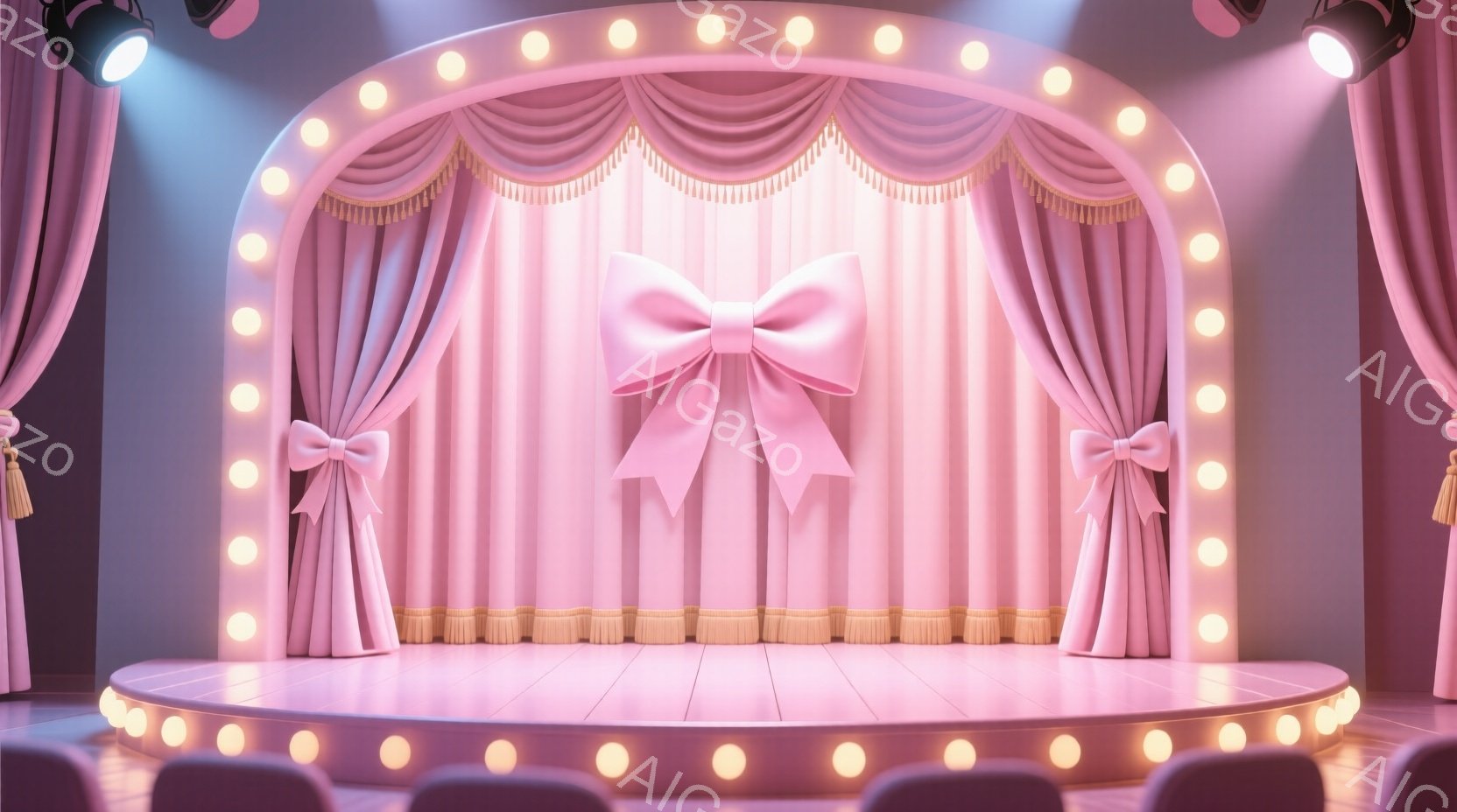 鮮やかなピンク色の舞台が映っており、豪華なカーテンと大きなリボンが特徴的です。舞台の周りには明るい電球が飾られ、華やかな雰囲気を演出しています。観客席の紫色の椅子が並び、舞台公演の準備が整っている様子が伺えます。
